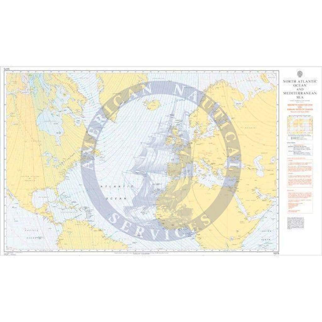 British Admiralty Nautical Chart 5375: Magnetic Variation and Annual Rates of Change - North Atlantic Ocean and Mediterranean Sea