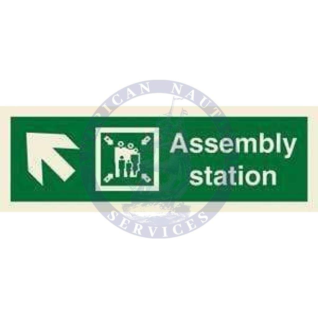 Marine Direction Sign: Assembly station + Symbol + Arrow diagonally up left
