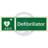 Marine Safety Sign: Defibrillator symbol with text