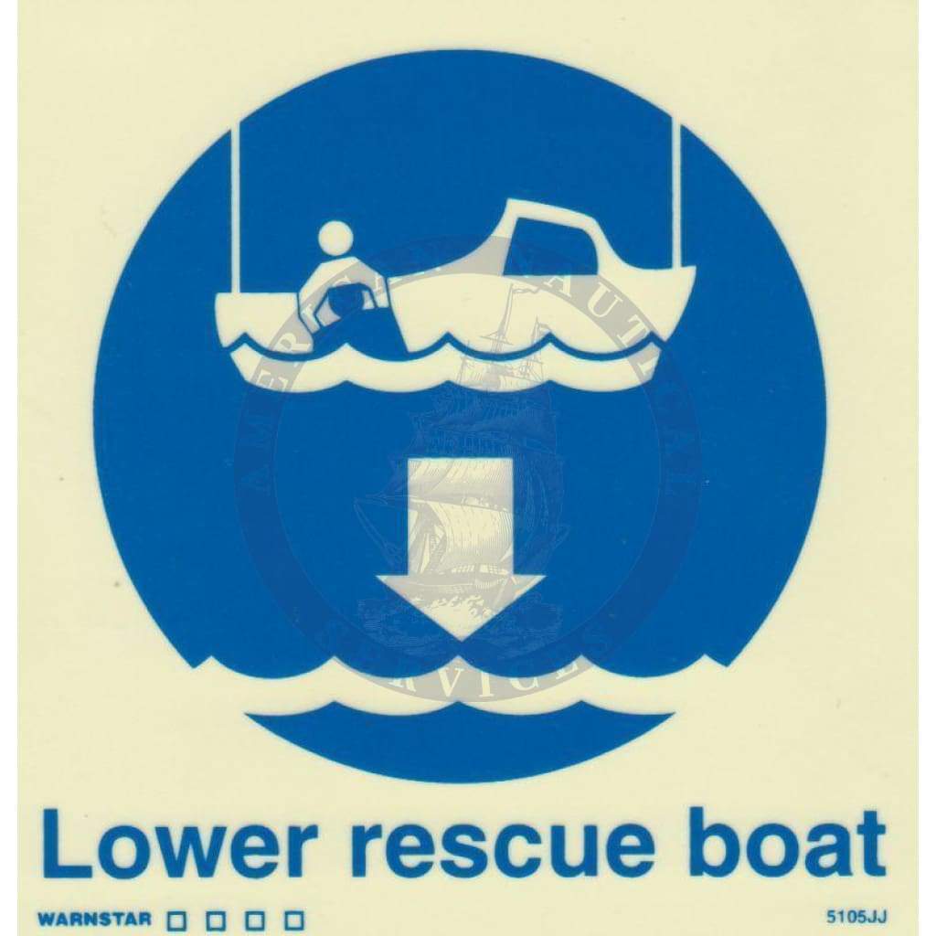 Marine Safety Sign, IMO Life Saving App. Symbol: Lower Rescue Boat - With Text
