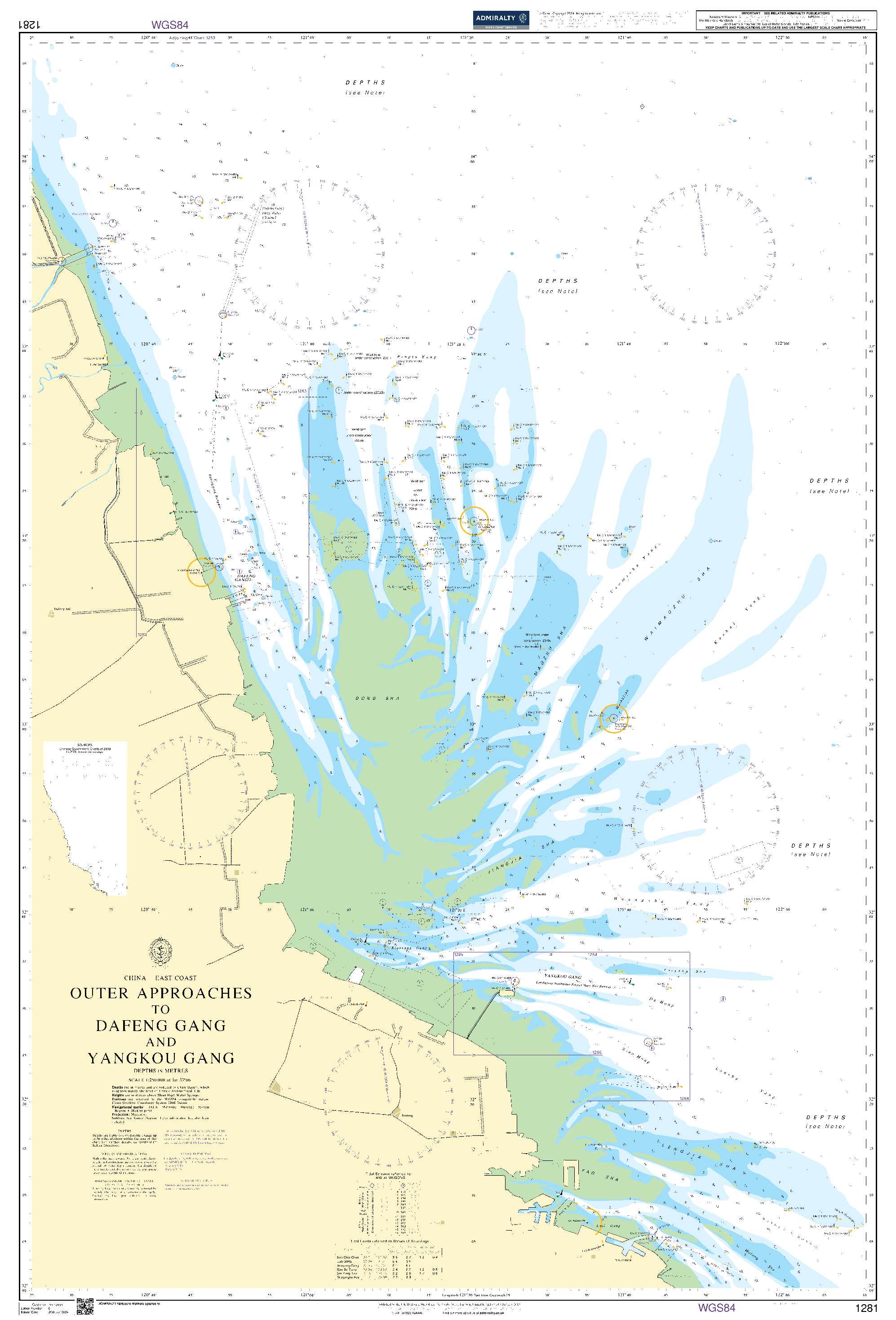 British Admiralty Nautical Chart 1281: China - Outer Approaches to Dafeng Gang and Yangkou Gang