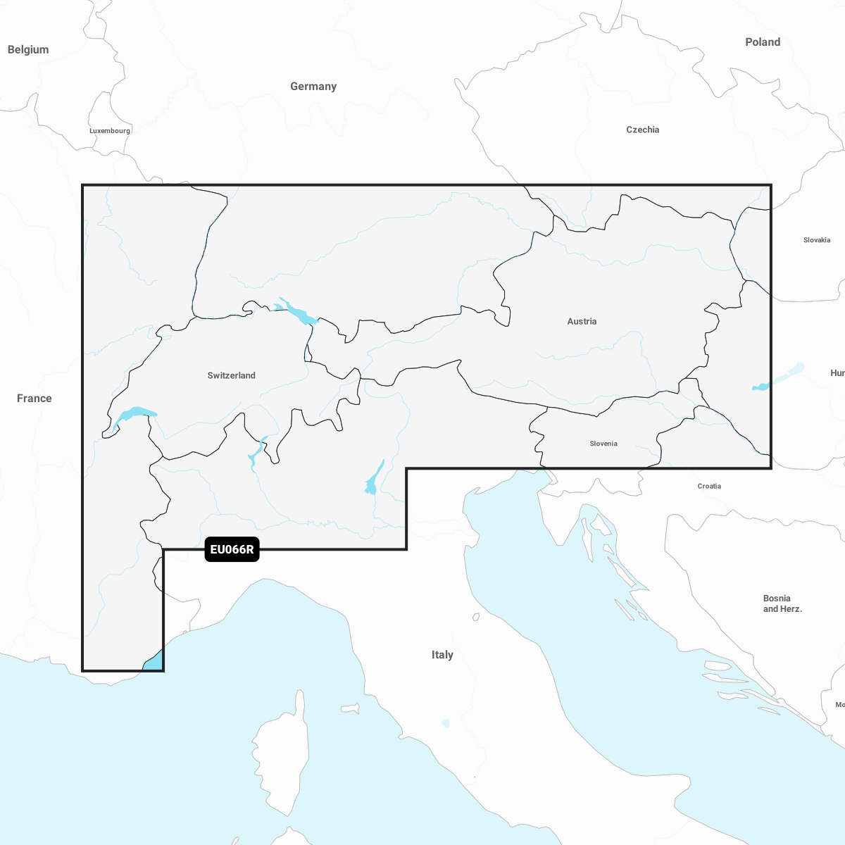 Map showing the coverage area of Garmin Navionics+ Chart EU066R, highlighting regions in Italy, Switzerland, Austria, and surrounding countries.