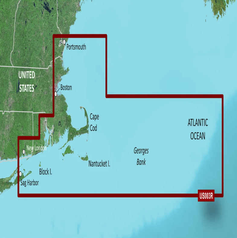 Bluechart G3 Vision microSD™/SD™ card (VUS003R): U.S., Cape Cod Coastal Charts showing detailed map coverage including Portsmouth, Boston, Cape Cod, Nantucket Island, and the Georges Bank, designed for Garmin devices.