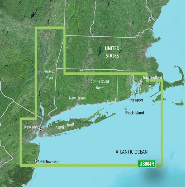 Overview map for Garmin Bluechart G3 Vision microSD™/SD™ card (VUS004R), showing coastal charts of U.S. New York, including key waterways like the Hudson River and Long Island, and highlighting navigation areas in the Atlantic Ocean.