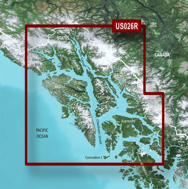 Map coverage for Garmin Bluechart G3 Vision microSD™/SD™ card (VUS026R): U.S., Alaska, Wrangell to Juneau-Sitka Coastal Charts, illustrating detailed geographical features and water bodies.