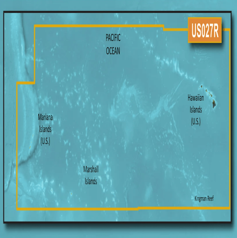 Map illustration for Garmin Bluechart G3 Vision microSD™/SD™ card (VUS027R) showing the Pacific Ocean, Hawaiian Islands, Mariana Islands, and Marshall Islands. Ideal for navigation with updated charts.