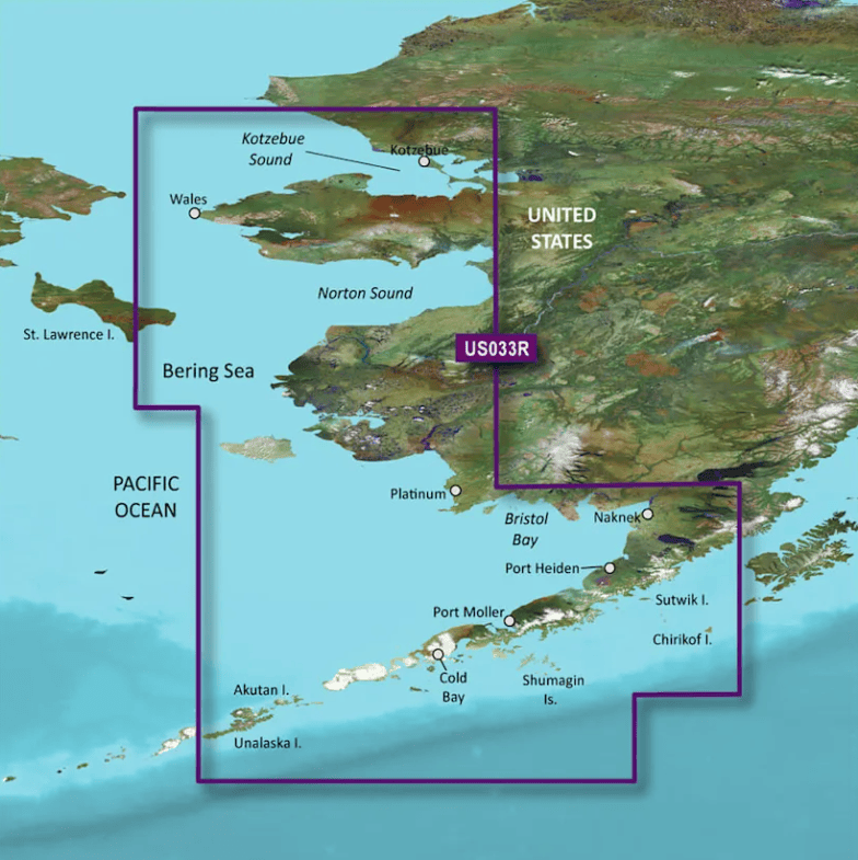 Map showing coverage area for Garmin Bluechart G3 Vision microSD™/SD™ card (VUS033R): U.S., Bristol Bay to Kotzebue Sound Coastal Charts, highlighting Bristol Bay, Kotzebue Sound, and surrounding regions.