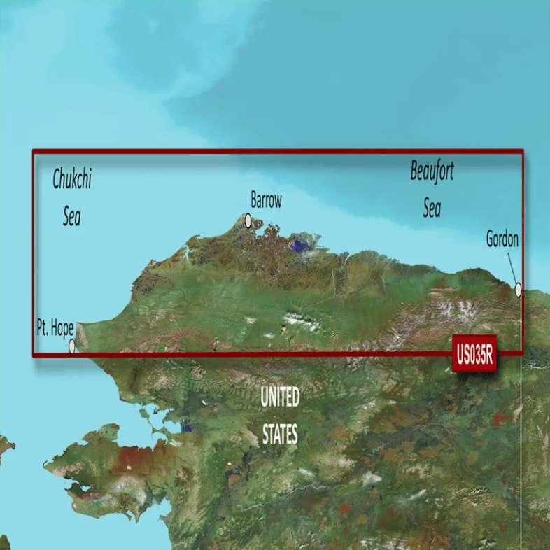 Map of the northern coast of Alaska, highlighting key areas such as Point Hope and Barrow, featured in the Garmin Bluechart G3 Vision microSD™/SD™ card (VUS035R): U.S., Alaska, North Slope Coastal Charts.