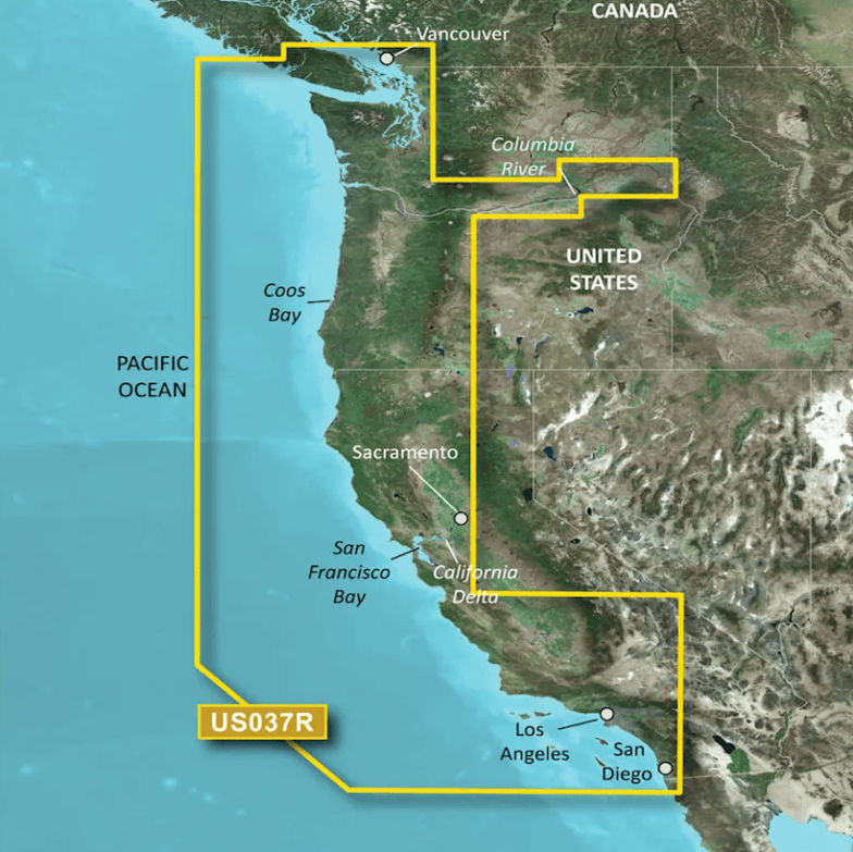 Map showing the coverage area for Garmin Bluechart G3 Vision microSD™/SD™ card: VUS037R, detailing the route from Vancouver, BC to San Diego, CA, including major water bodies and coastal features.