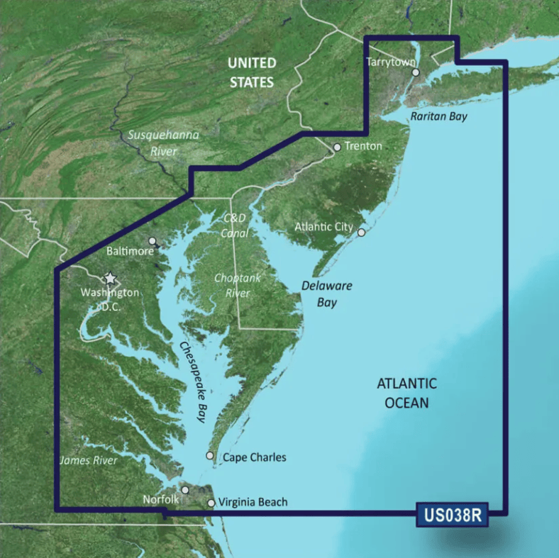 Map coverage of Garmin Bluechart G3 Vision microSD™/SD™ card (VUS038R), showing coastal charts from New York to Chesapeake Bay, including Raritan Bay, Atlantic Ocean, and key locations like Baltimore, Washington D.C., and Virginia Beach.