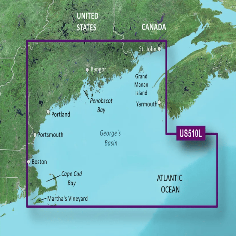 Coverage map for Garmin Bluechart G3 Vision microSD/SD card (VUS510L): St. John, NB to Cape Cod, MA, showing detailed navigation areas including Portland, ME, Boston, MA, and Martha's Vineyard.