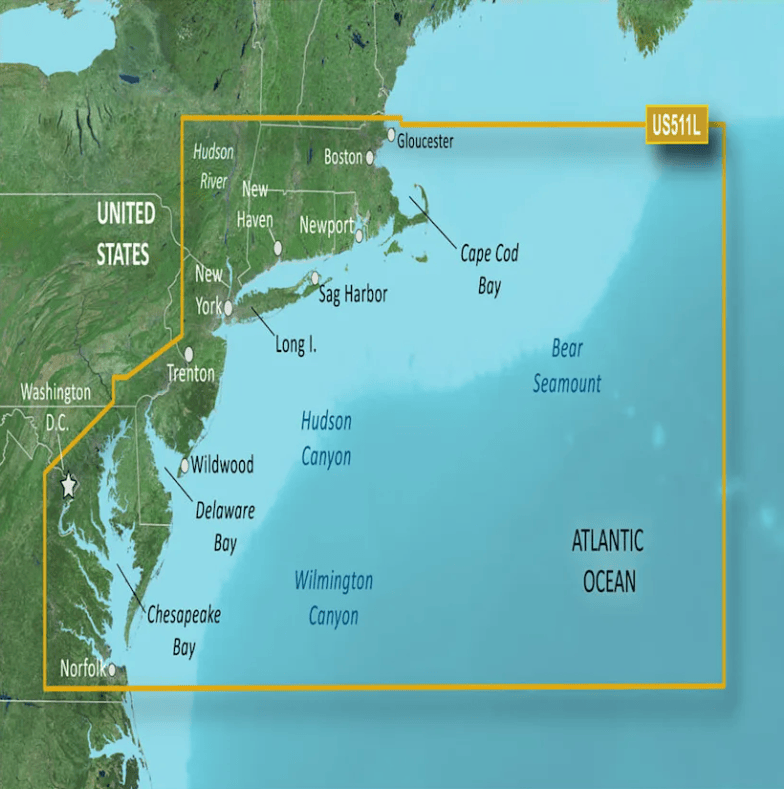 Map coverage of the Garmin Bluechart G3 Vision microSD/SD card (VUS511L): U.S., Boston, MA to Norfolk, VA Coastal Charts, showing coastal regions, including Cape Cod and Bear Seamount.