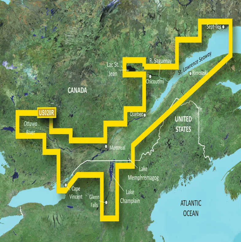Map outlining coverage area of the Garmin BlueChart G3 Vision microSD™/SD™ card (VUS020R): U.S. and CA, Saint Lawrence Seaway Coastal Charts, highlighting regions of Canada and the United States.
