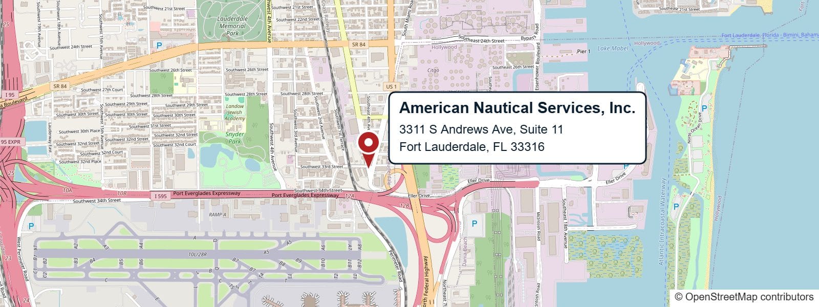 Map showing American Nautical Services, Inc. at 3311 S Andrews Ave, Suite 11, Fort Lauderdale, FL 33316