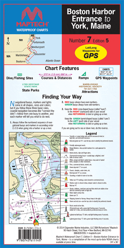 Boston Harbor Entrance to York ME Waterproof Chart, 5th Edition