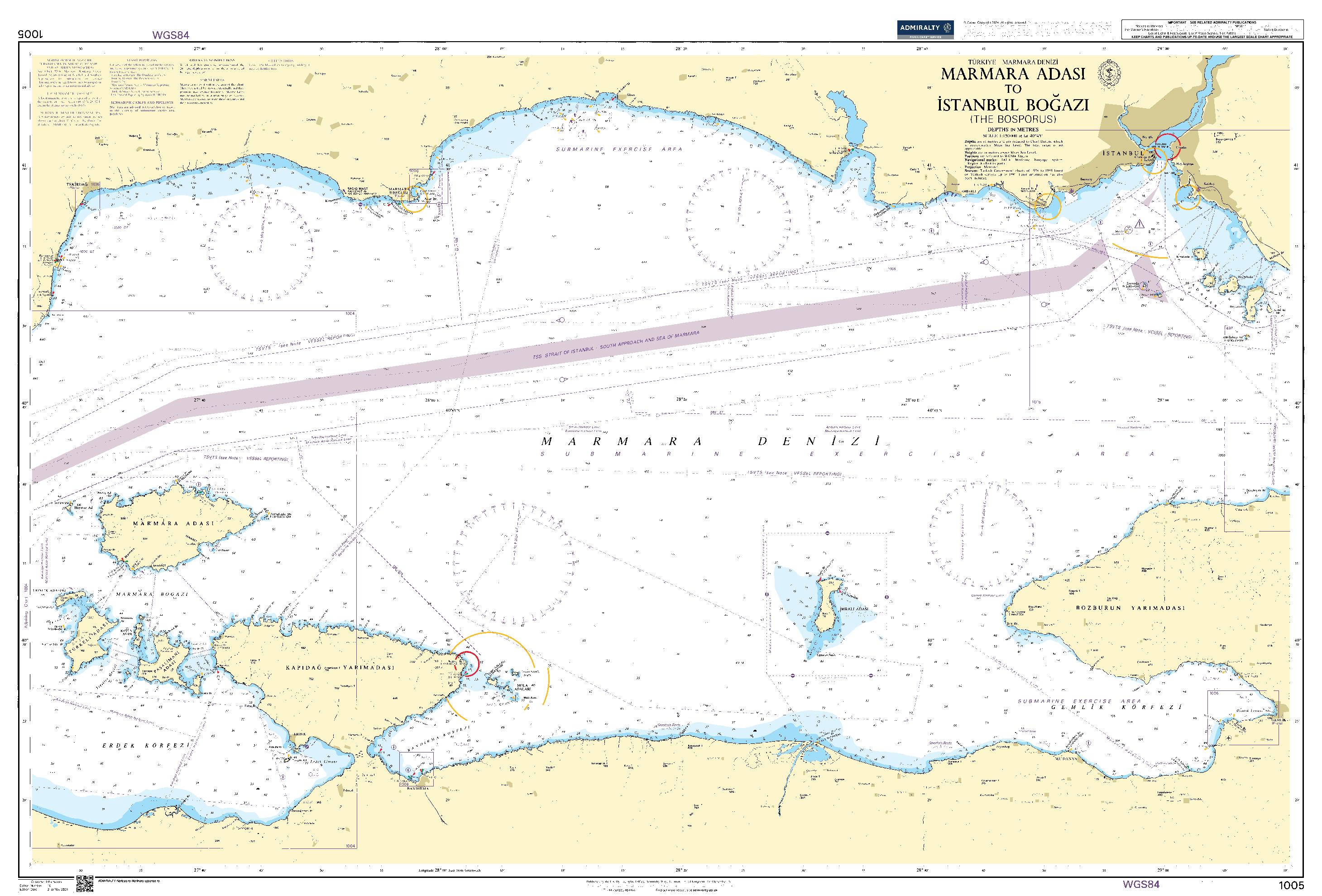 British Admiralty Nautical Chart 1005: Turkey – Marmara Denizi, Marmara Adasi to Istanbul Bogazi (The Bosporus)