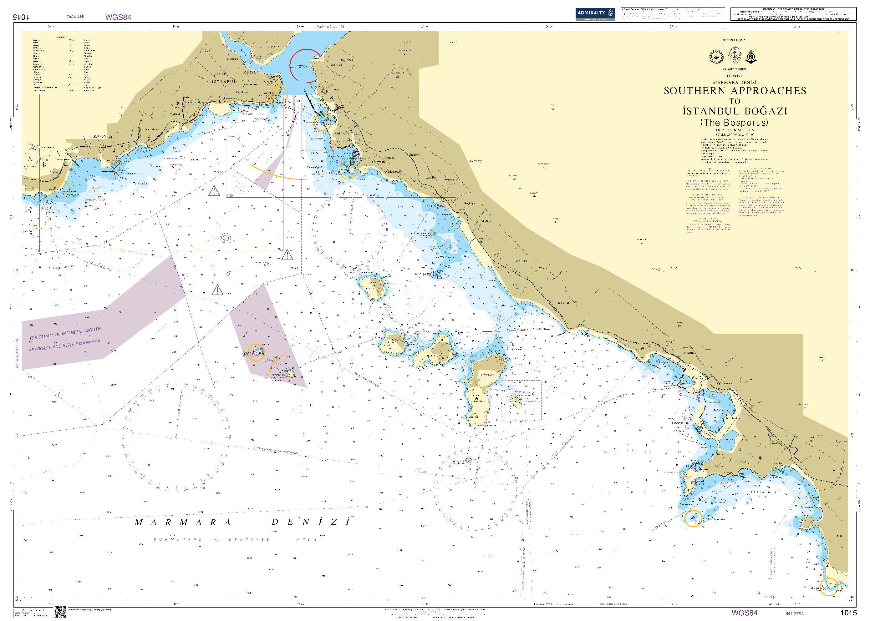 British Admiralty Nautical Chart 1015: Turkey – Marmara Denizi, Southern Approaches to Istanbul Bogazi (The Bosporus)