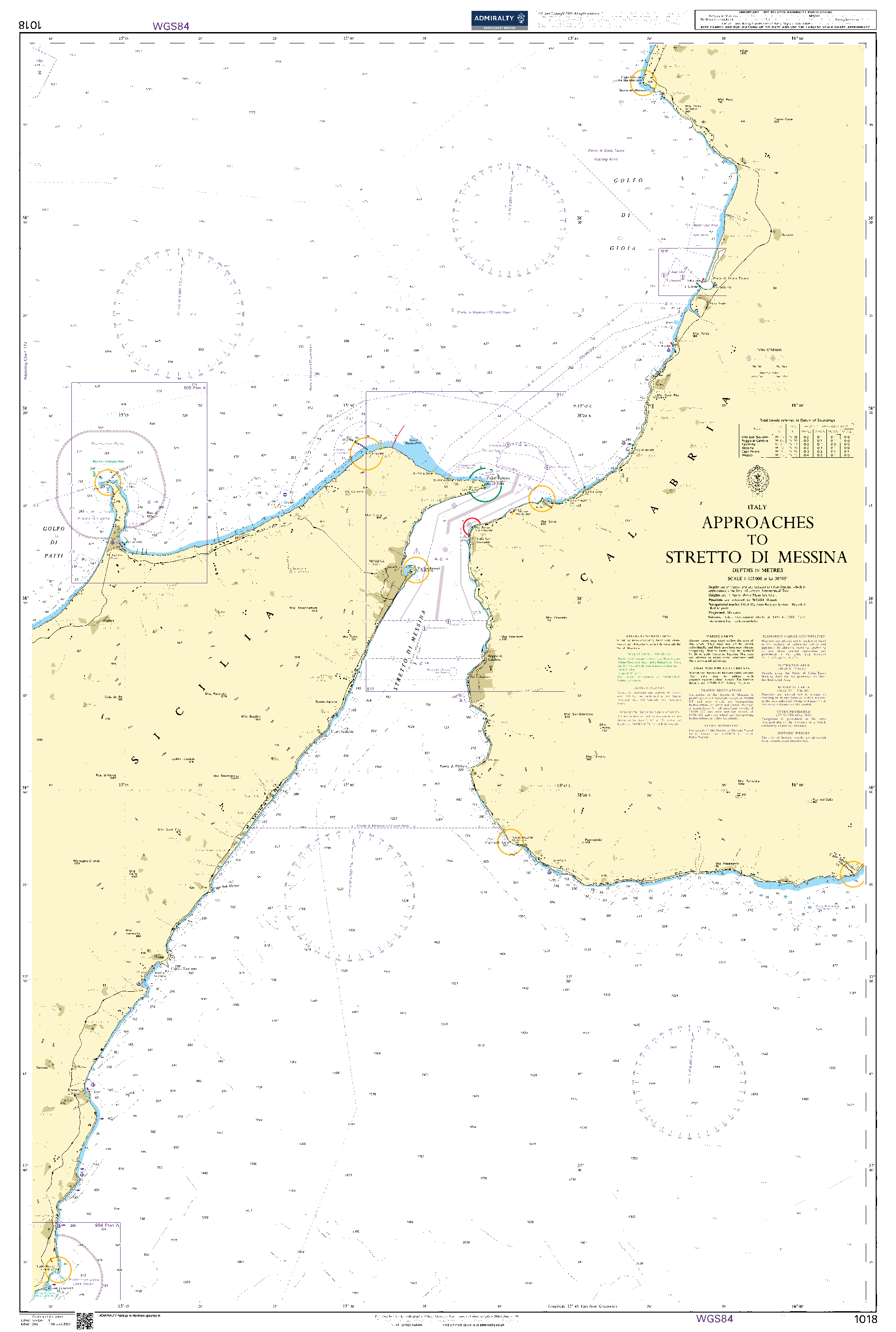 British Admiralty Nautical Chart 1018: Italy, Approaches to Stretto di Messina