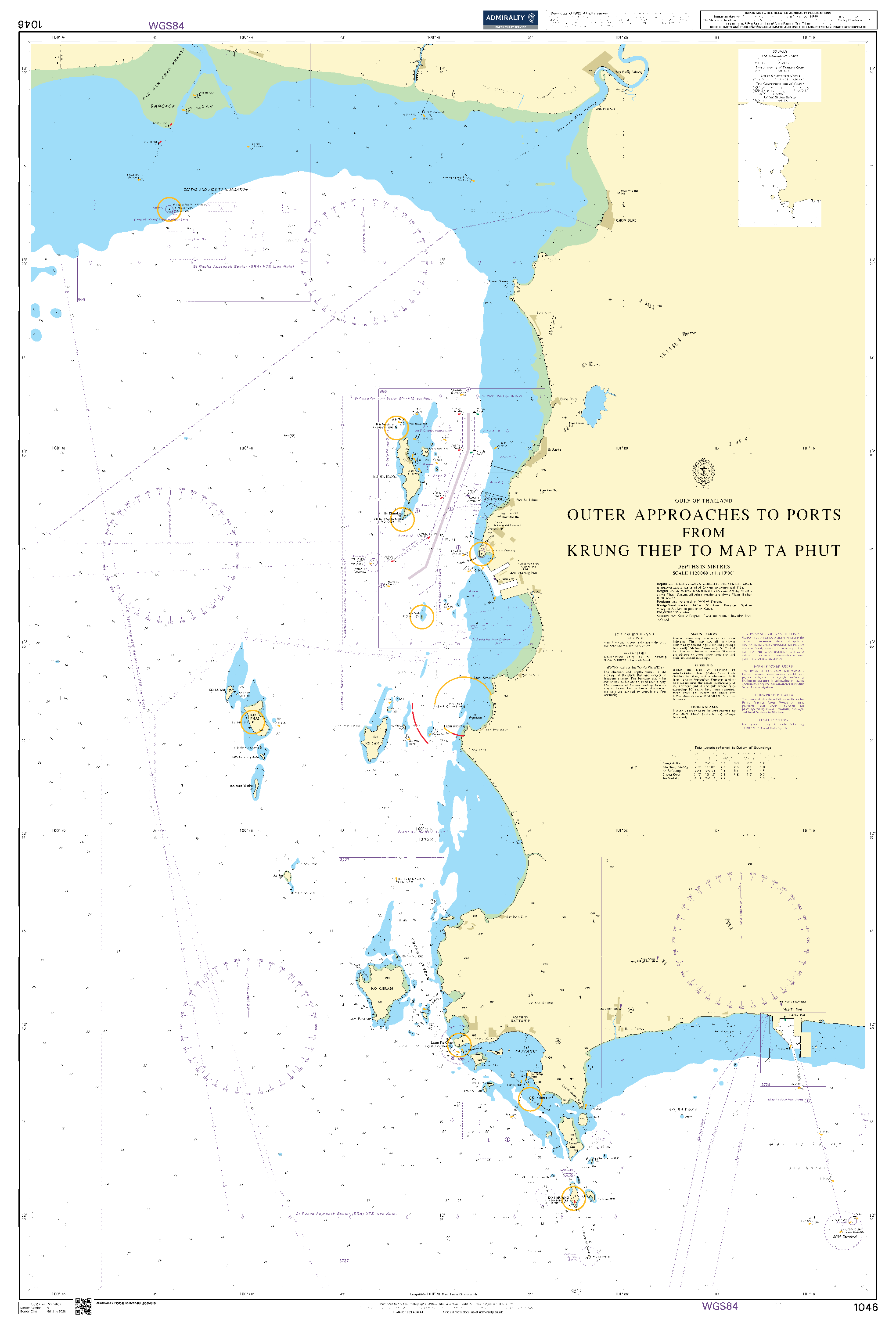British Admiralty Nautical Chart 1046: Outer Approaches to Ports from Krung Thep to Map Ta Phut