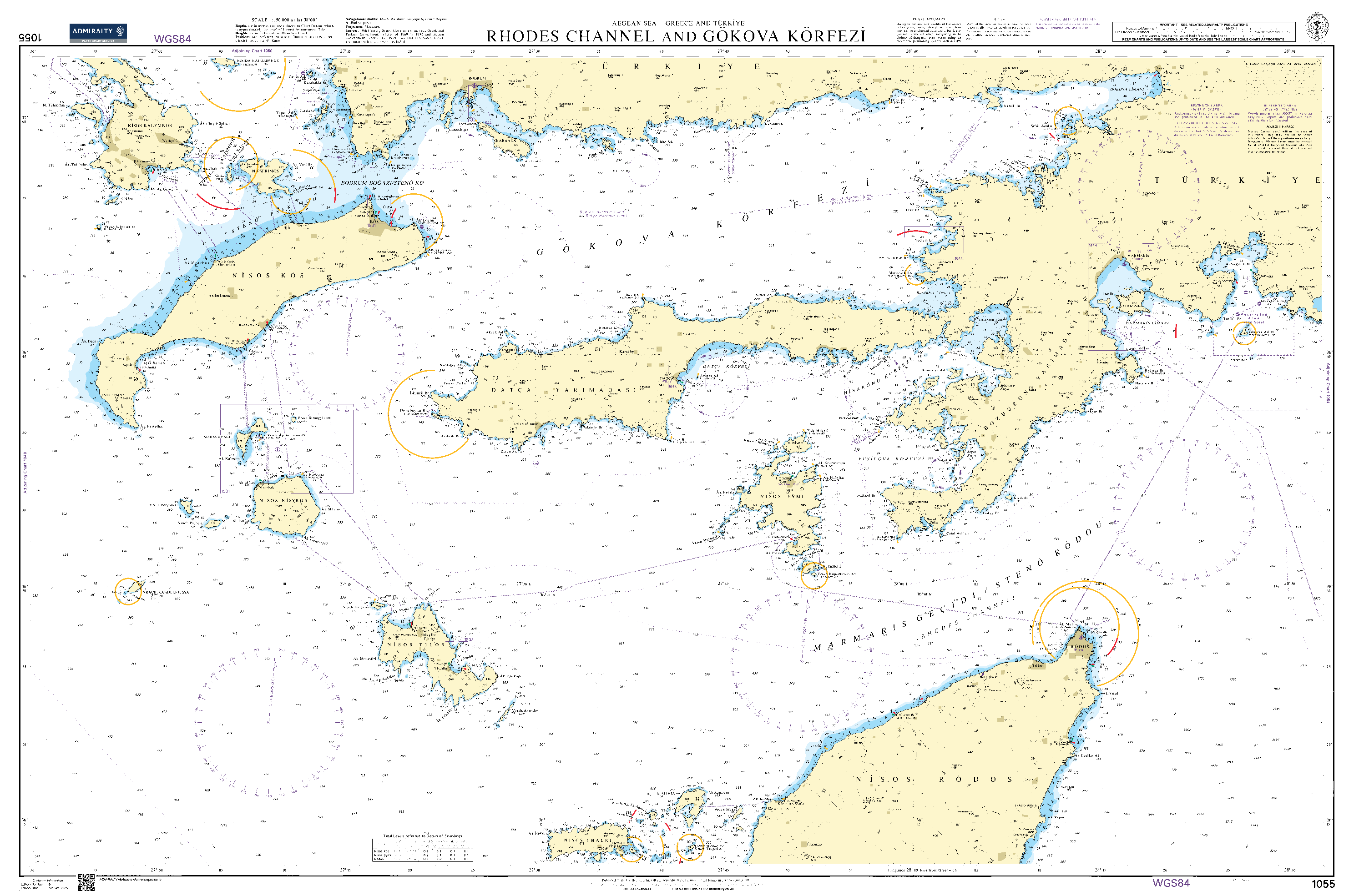 British Admiralty Nautical Chart 1055: Aegean Sea - Greece and Turkey, Rhodes Channel and Gökova Körfezİ