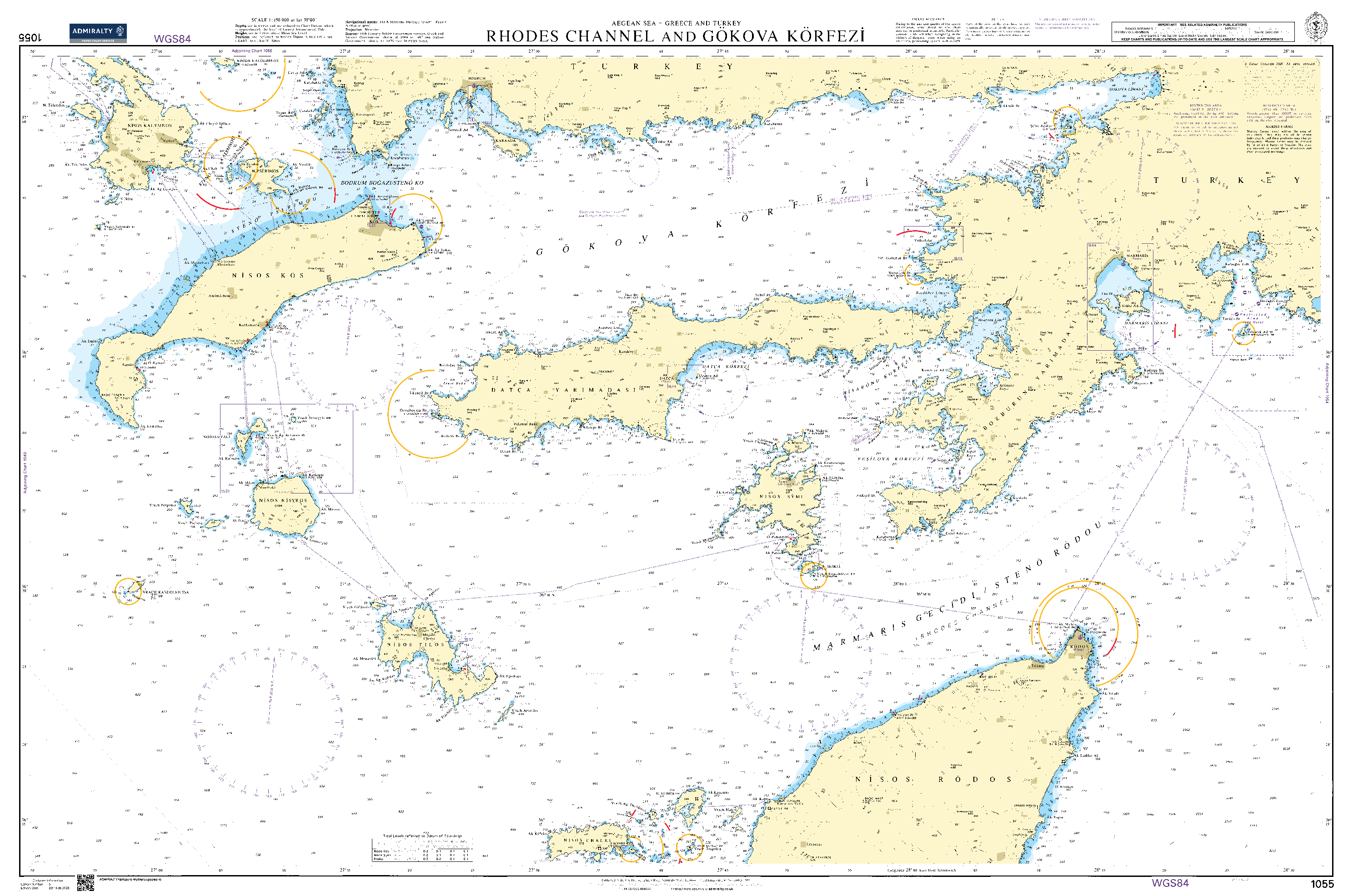 British Admiralty Nautical Chart 1055: Aegean Sea - Greece and Turkey, Rhodes Channel and Gökova Körfezİ