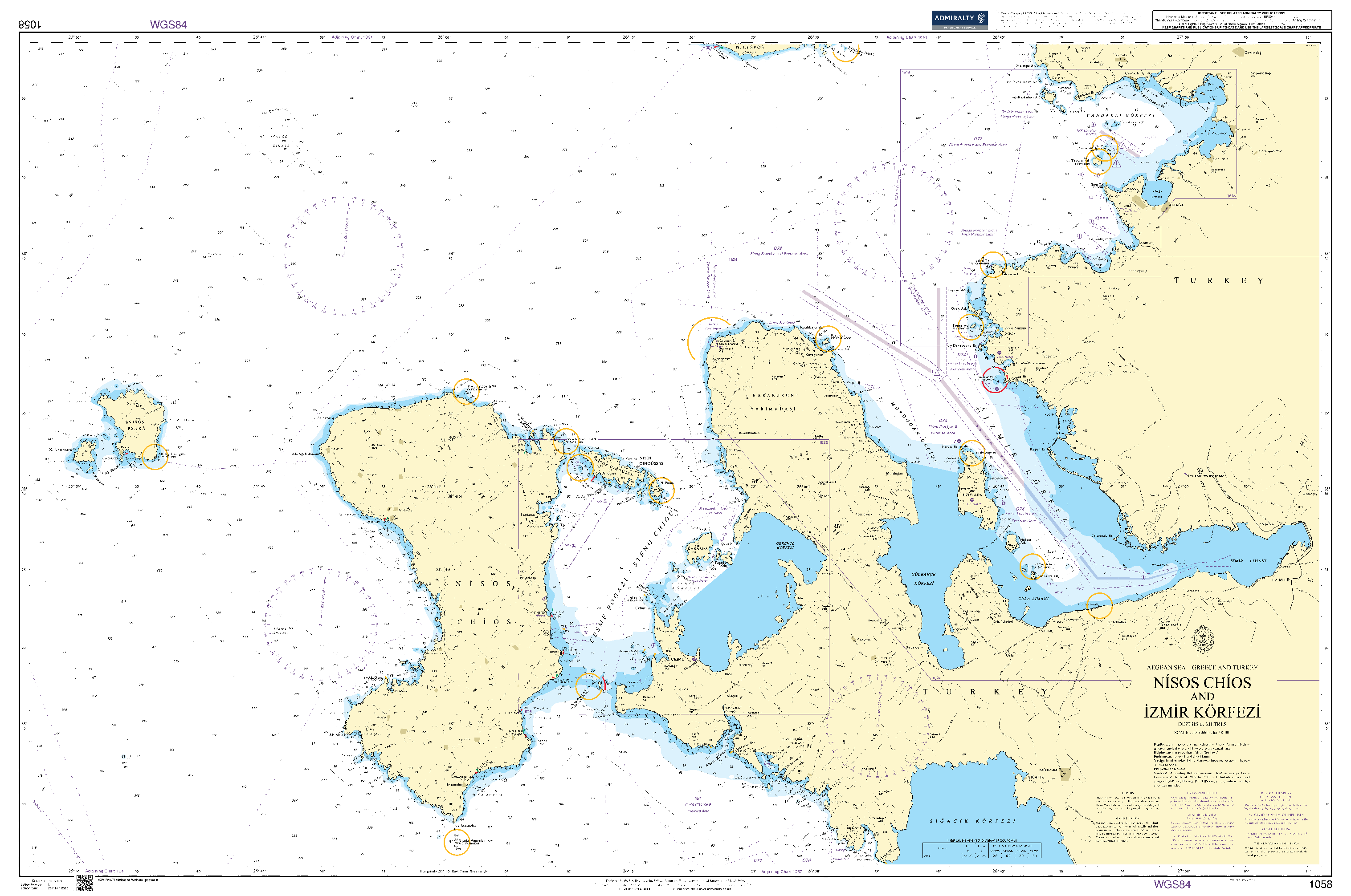 British Admiralty Nautical Chart 1058: Aegean Sea – Greece and Turkey, Nísos Chíos and Izmir Körfezi