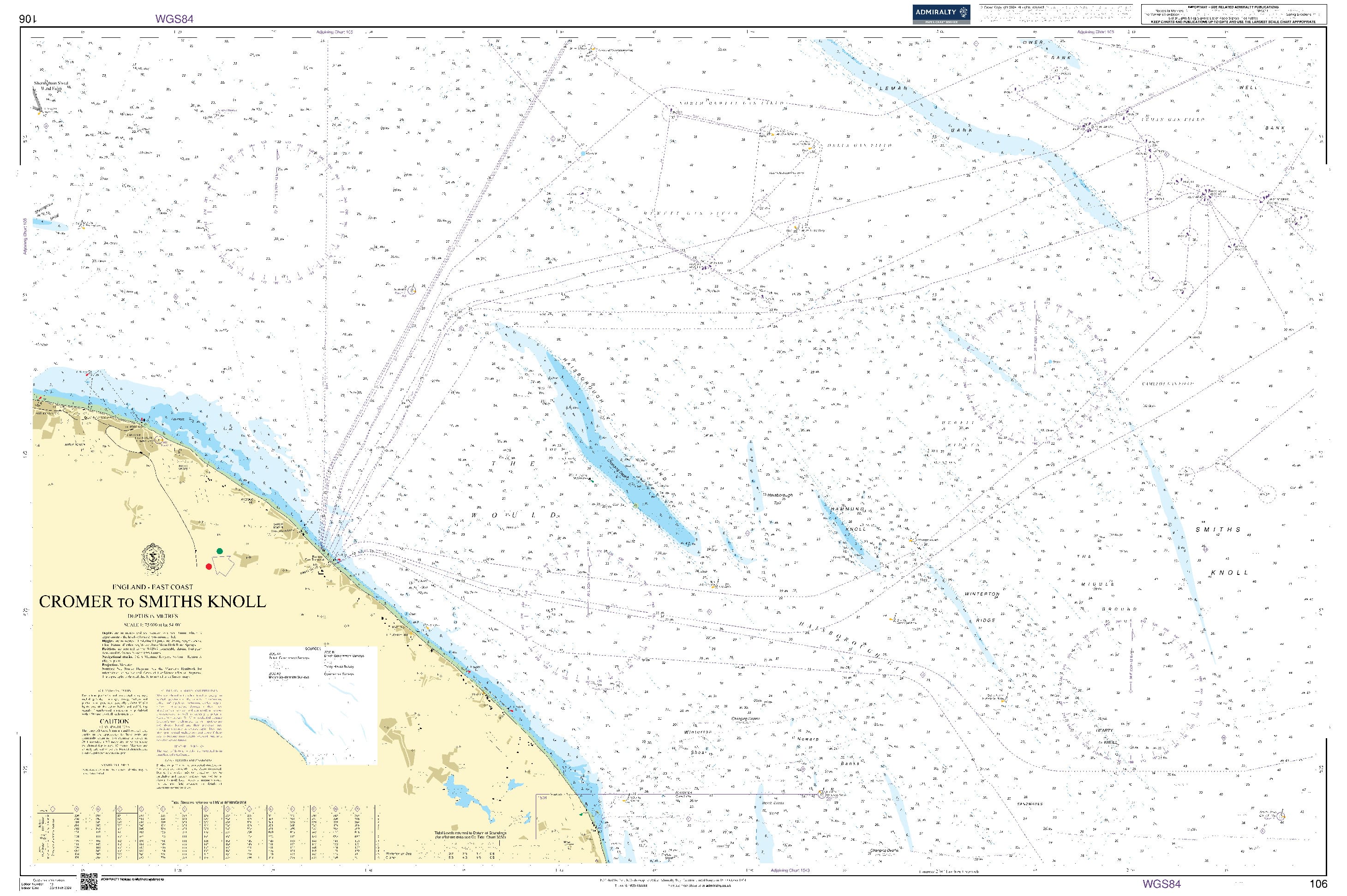 British Admiralty Nautical Chart 106: England - East Coast, Cromer to Smiths Knoll