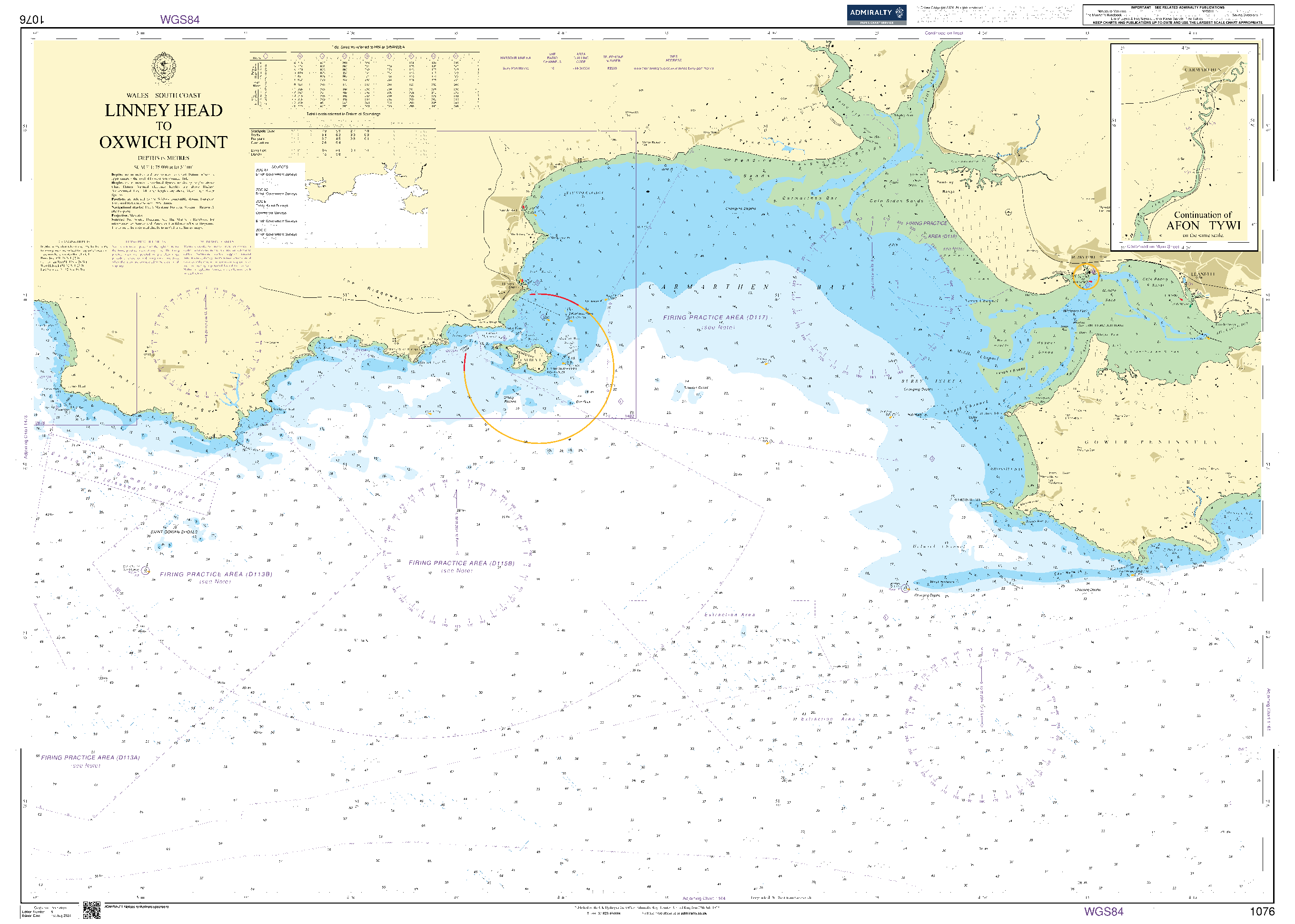 British Admiralty Nautical Chart 1076: Wales - South Coast, Linney Head to Oxwich Point. Continuation of Afon Tywi