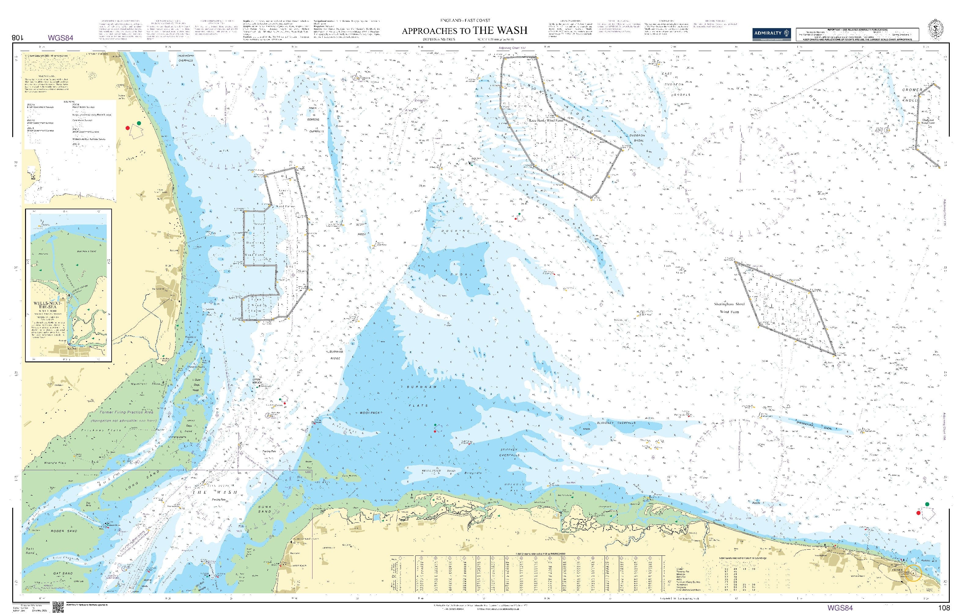 British Admiralty Nautical Chart 108: England - East Coast, Approaches to The Wash. Wells-Next-The-Sea