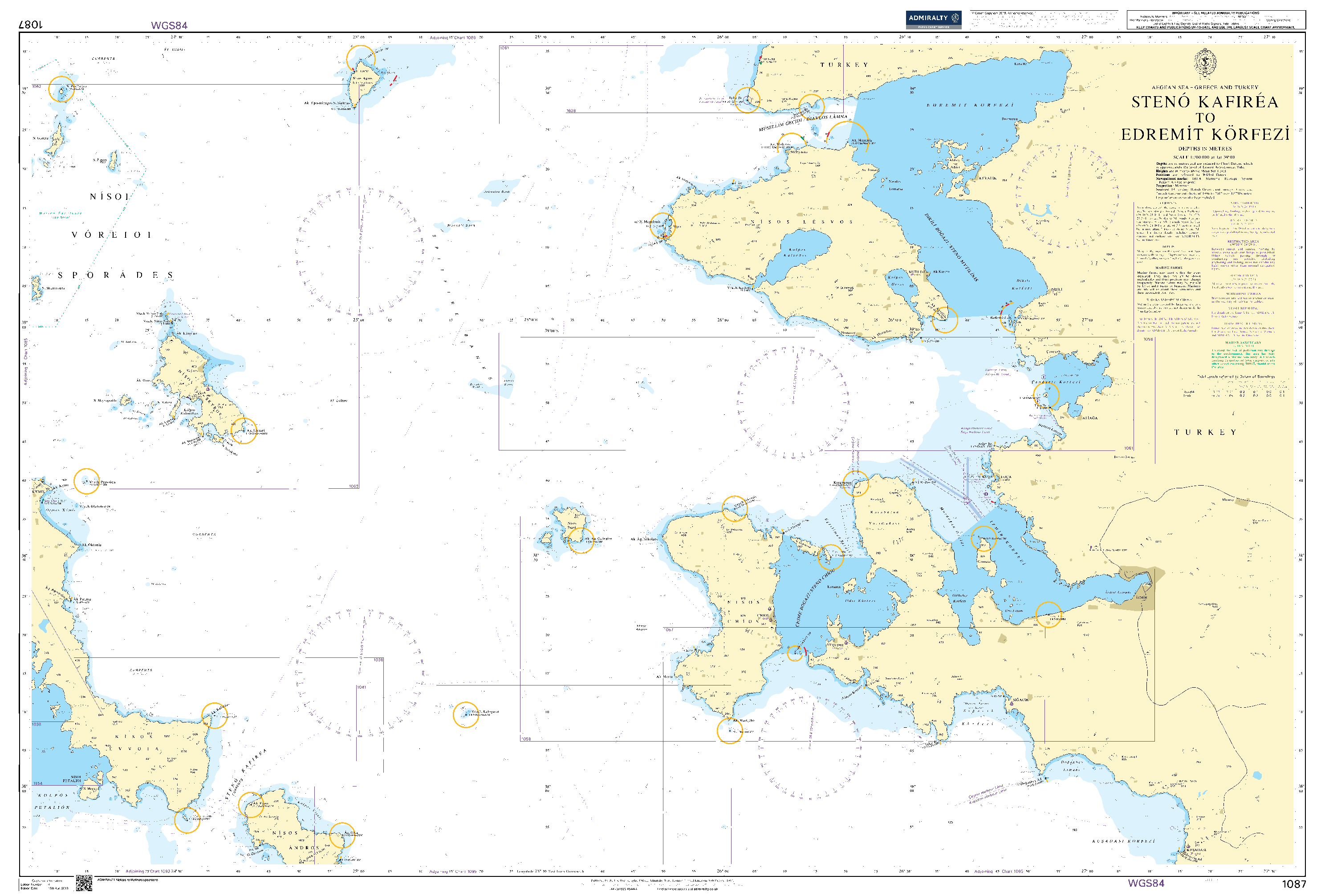 British Admiralty Nautical Chart 1087: Aegean Sea – Greece and Turkey, Stenó Kafiréa to Edremit Körfezi