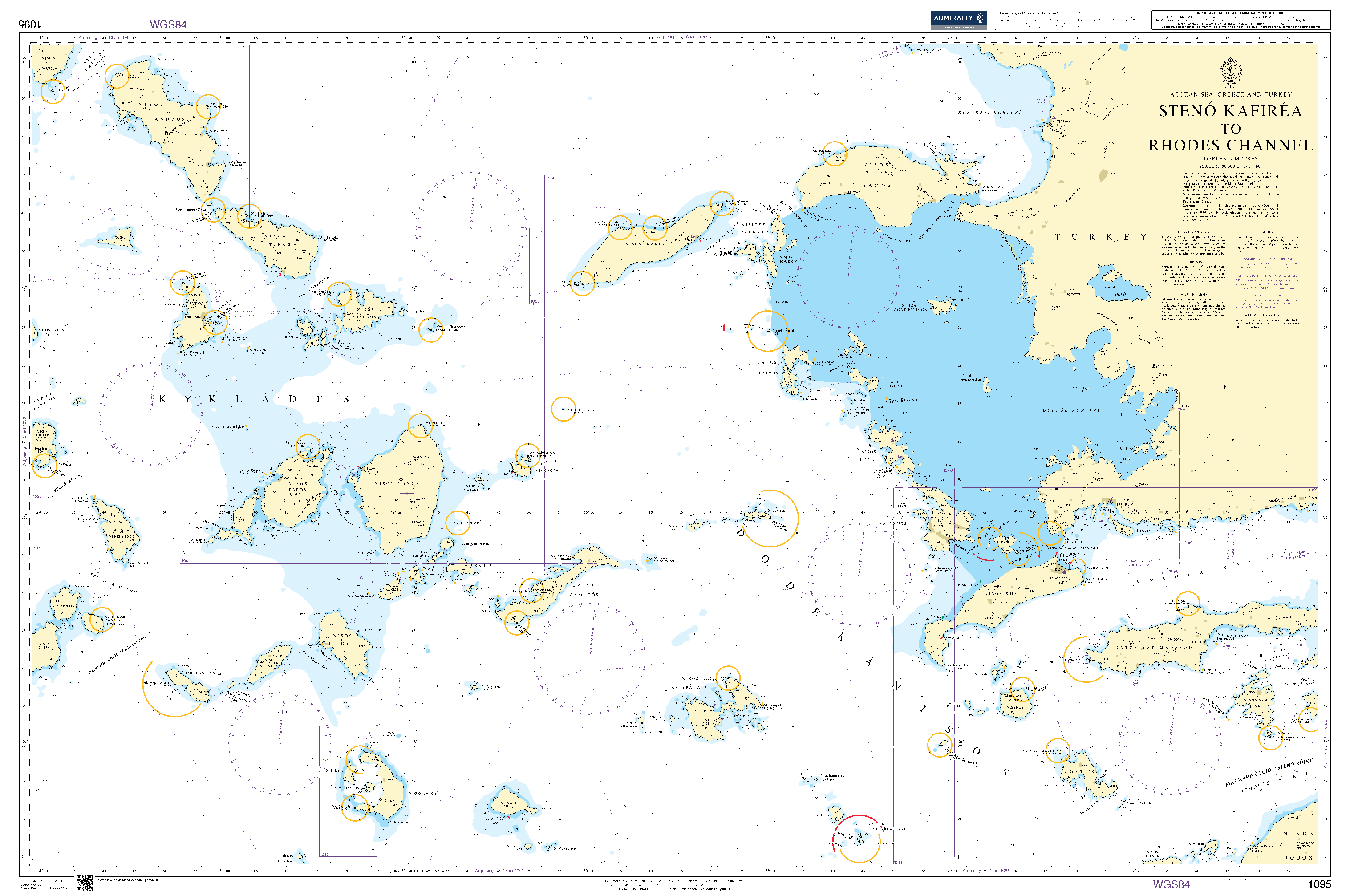 British Admiralty Nautical Chart 1095: Aegean Sea - Greece and Turkey, Stenó Kafiréa to Rhodes Channel