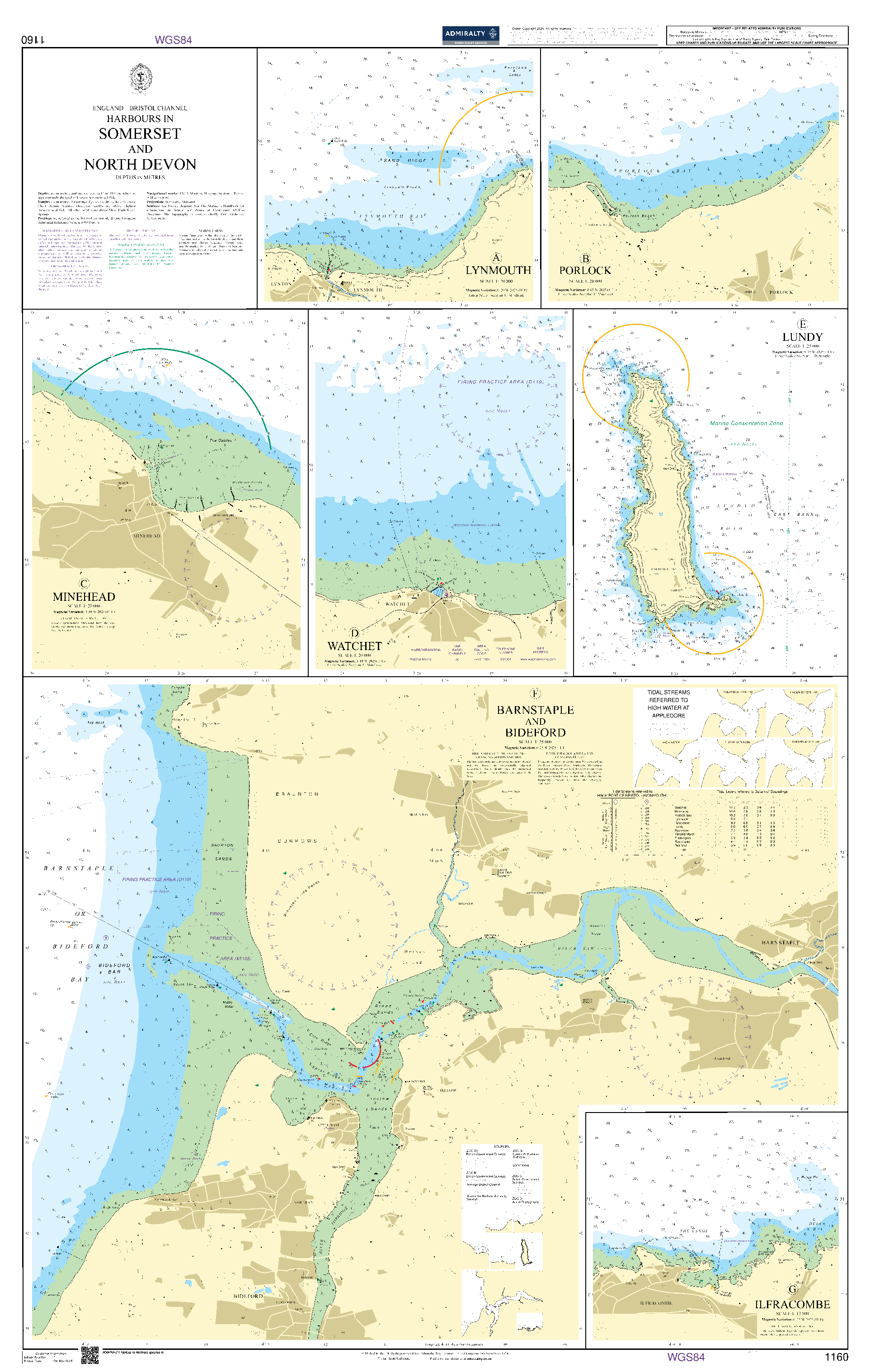 British Admiralty Nautical Chart 1160: England - Bristol Channel, Harbours in Somerset and North Devon