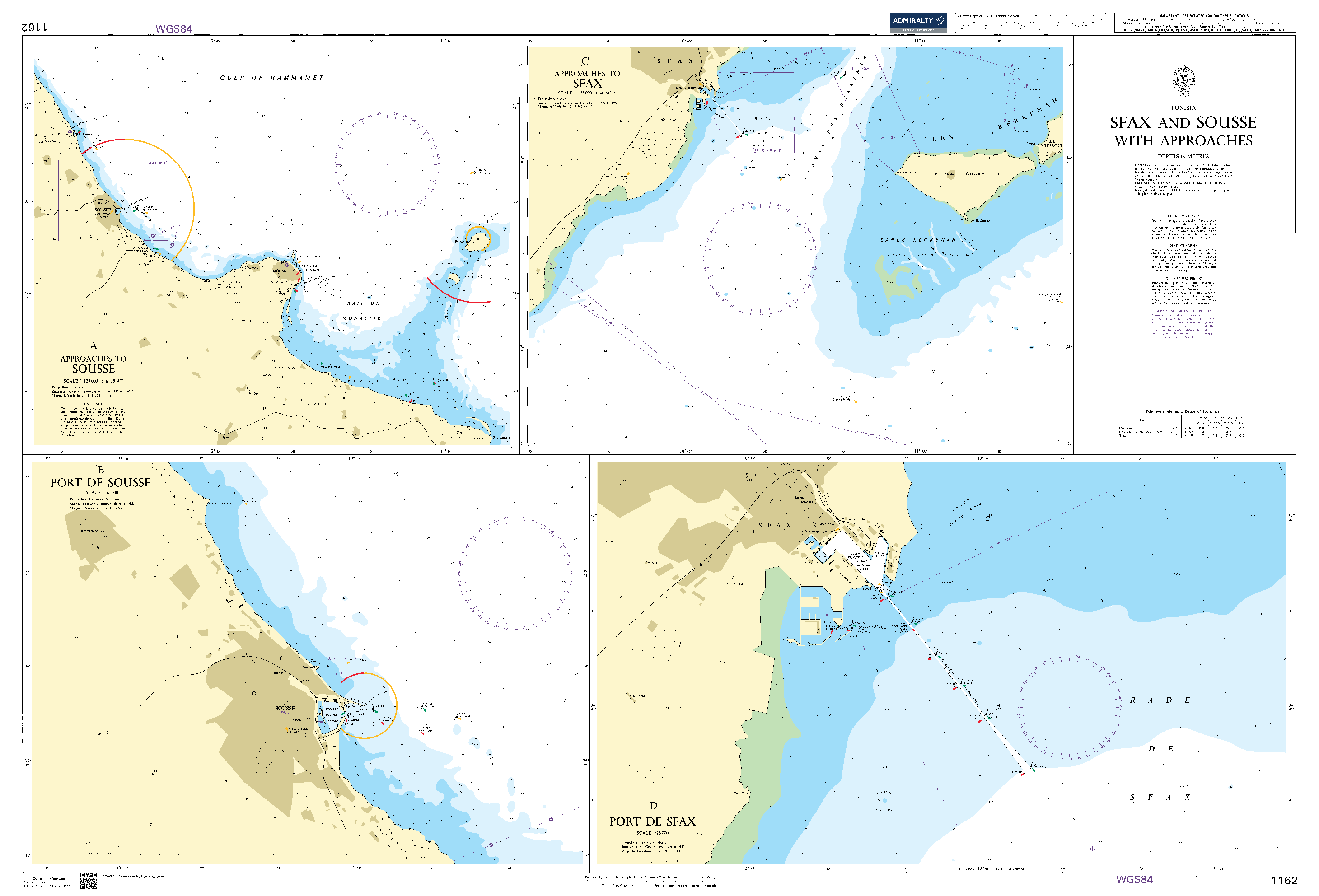 British Admiralty Nautical Chart  1162: Sfax and Sousse with Approaches