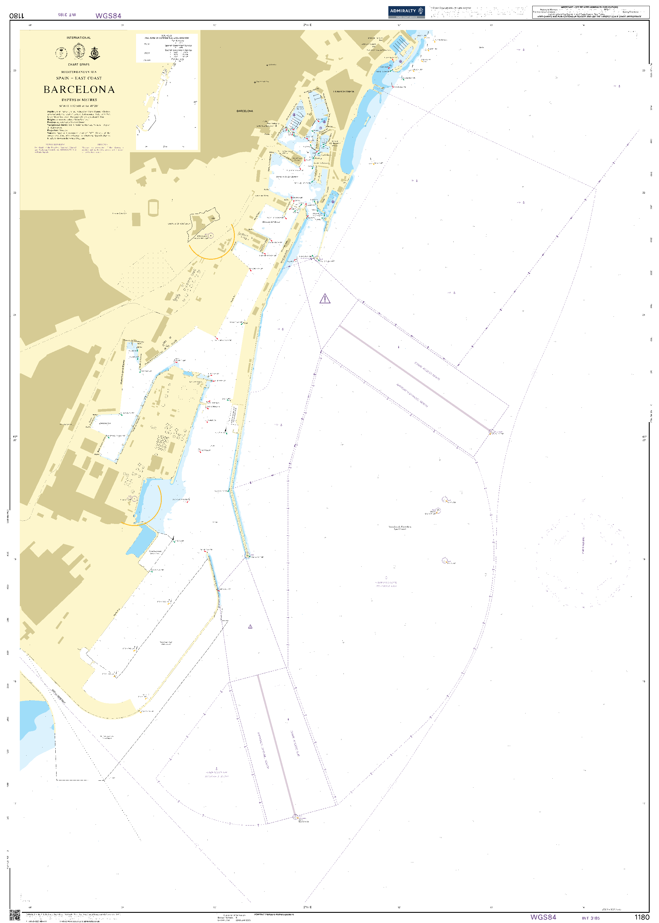 British Admiralty Nautical Chart 1180: Mediterranean Sea, Spain - East Coast, Barcelona