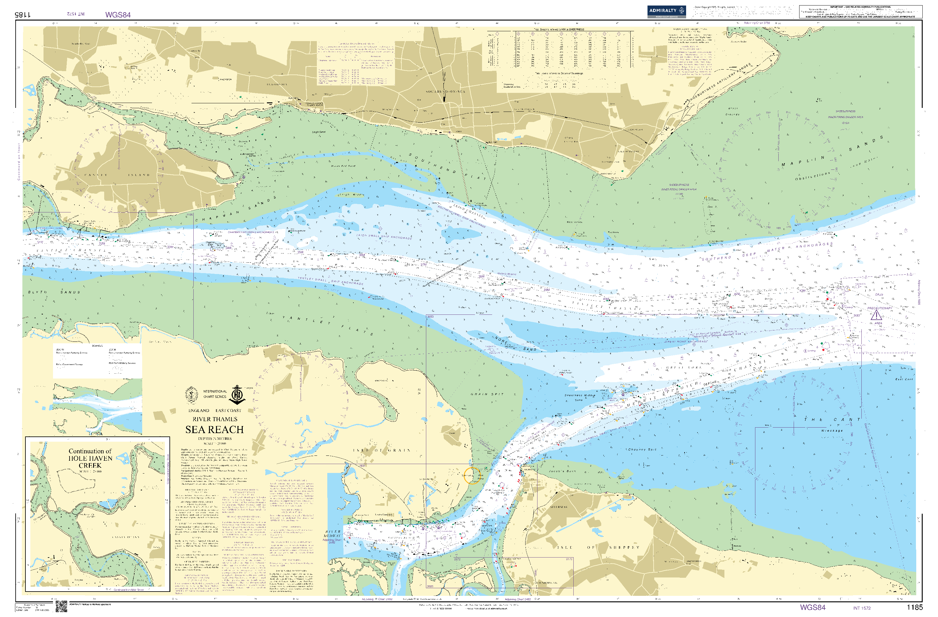 British Admiralty Nautical Chart 1185: England - East Coast, River Thames, Sea Reach