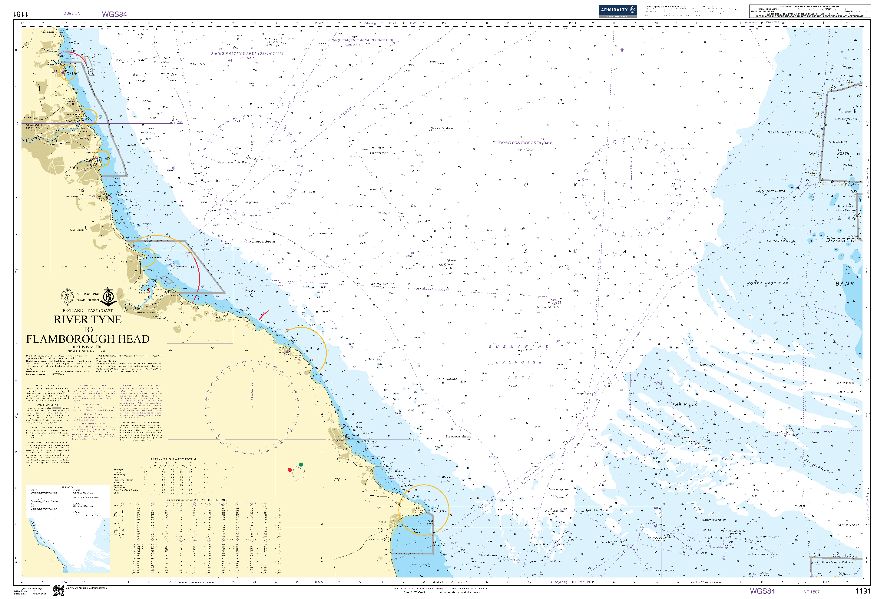 British Admiralty Nautical Chart 1191: England – East Coast, River Tyne to Flamborough Head