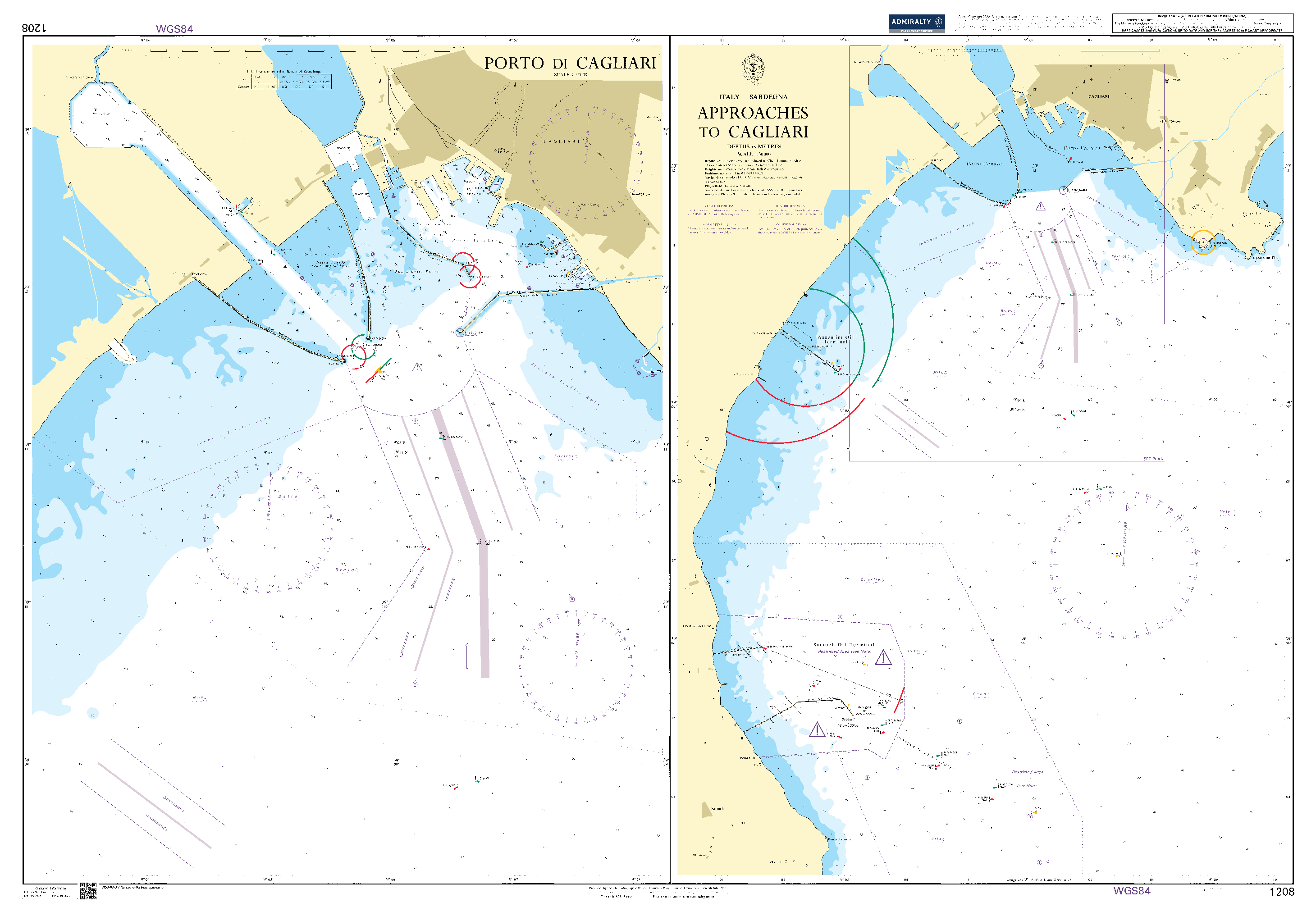 British Admiralty Nautical Chart 1208: Italy – Sardegna, Approaches to Cagliari. Porto di Cagliari