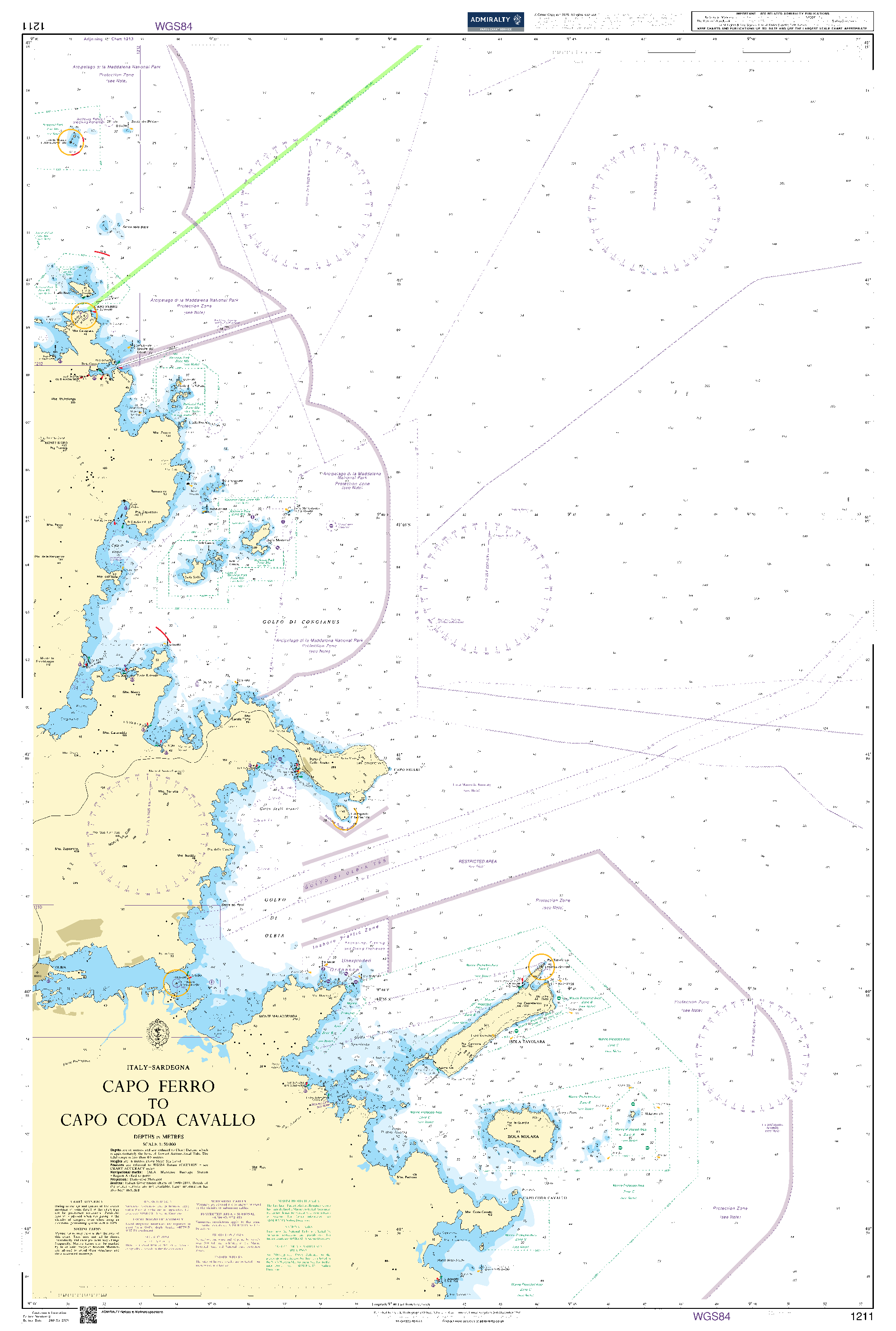 British Admiralty Nautical Chart 1211: Italy – Sardegna, Capo Ferro to Capo Coda Cavallo