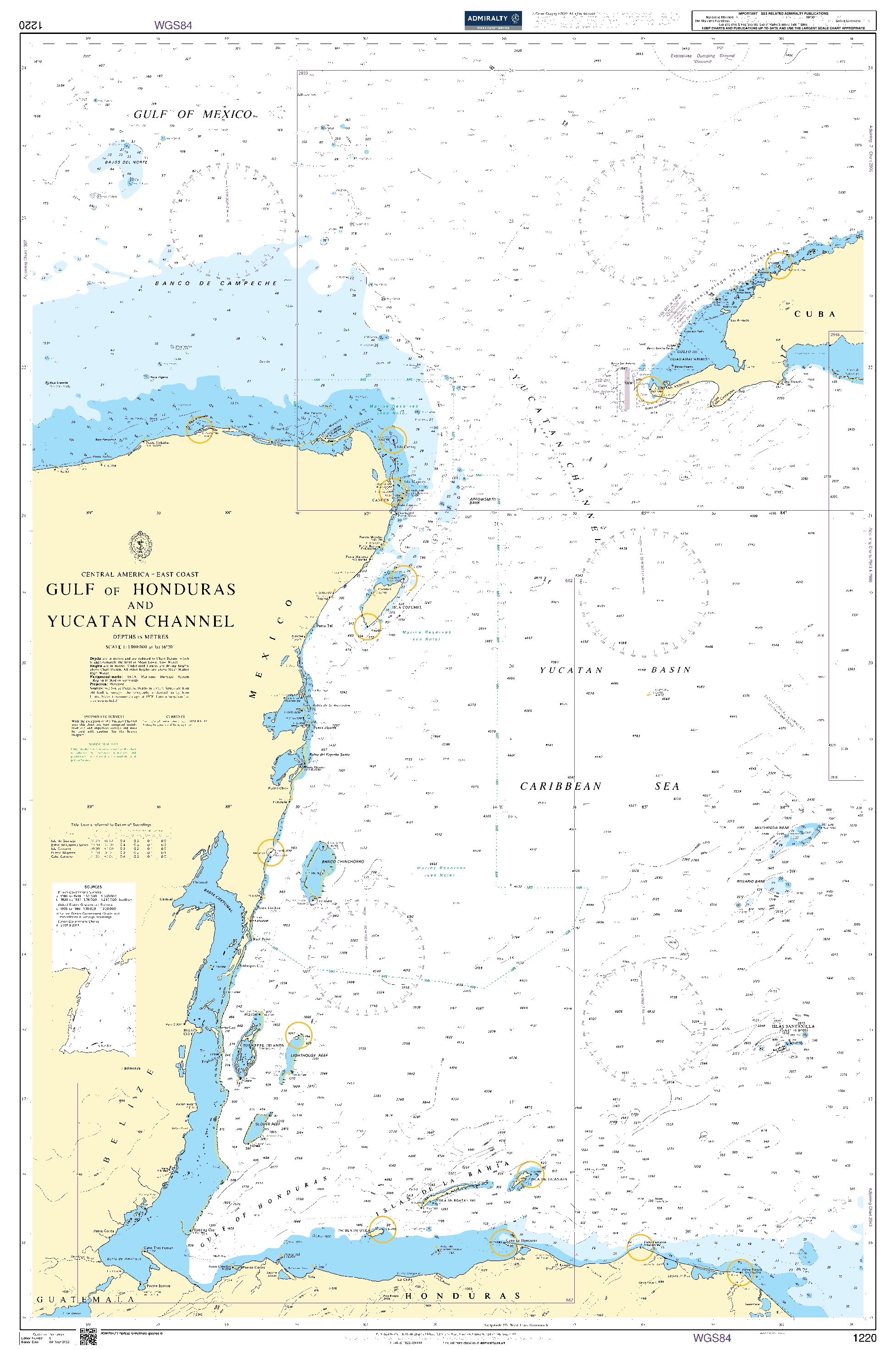 British Admiralty Nautical Chart 1220: Central America - East Coast, Gulf of Honduras and Yucatan Channel