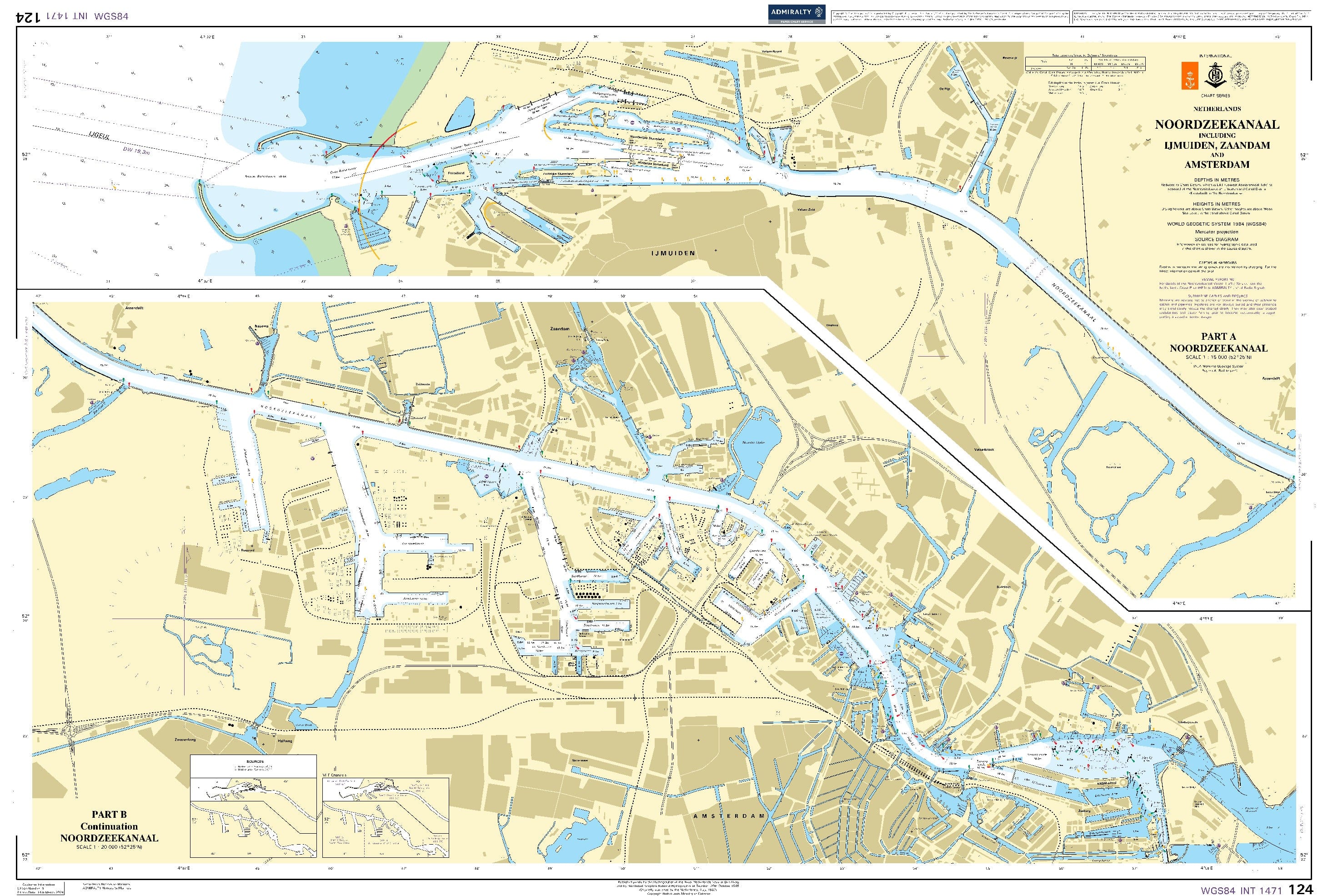 British Admiralty Nautical Chart 124: Netherlands, Noordzeekanaal including Ijmuiden, Zaandam and Amsterdam
