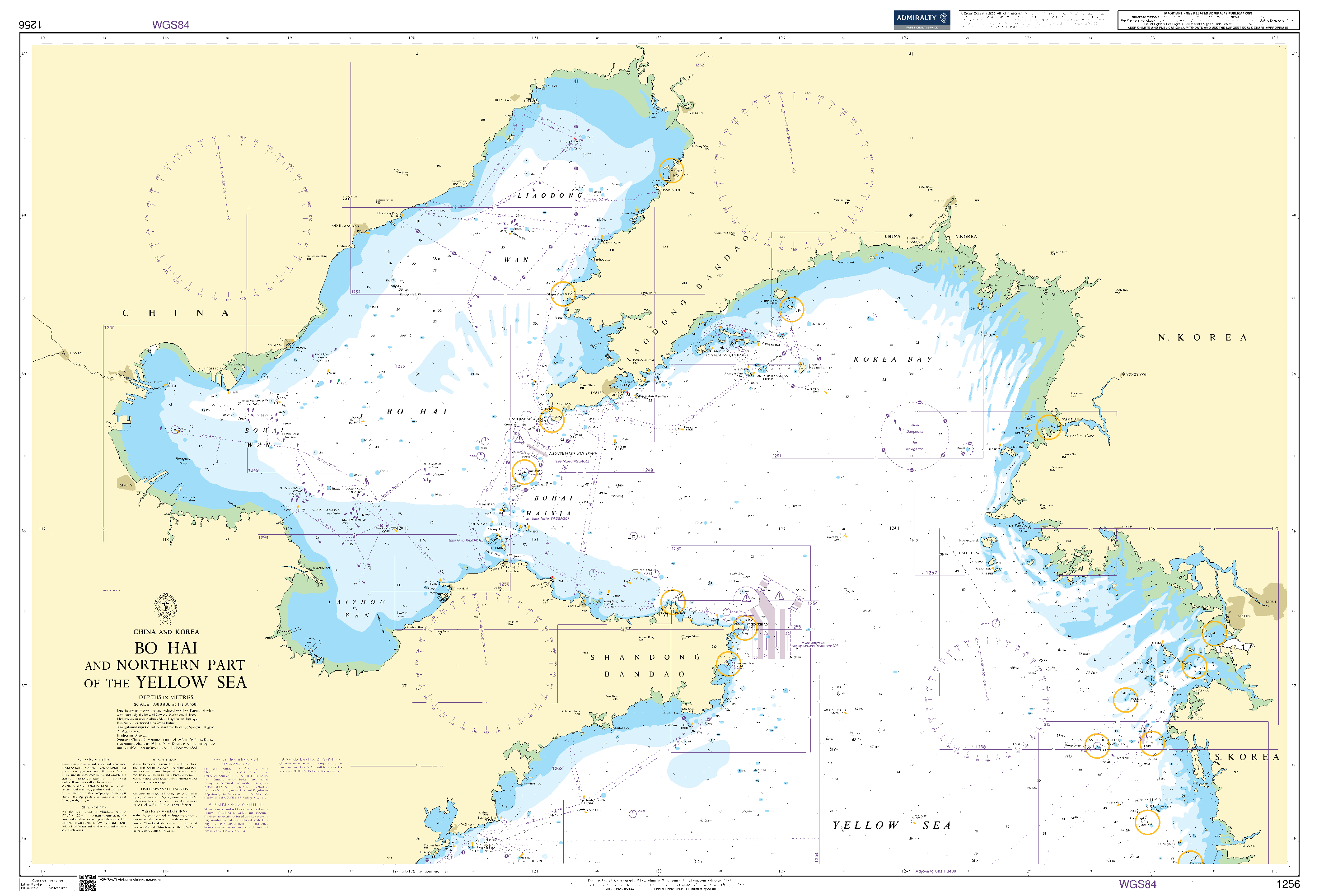 British Admiralty Nautical Chart 1256: Bo Hai and Northern Part of the Yellow Sea