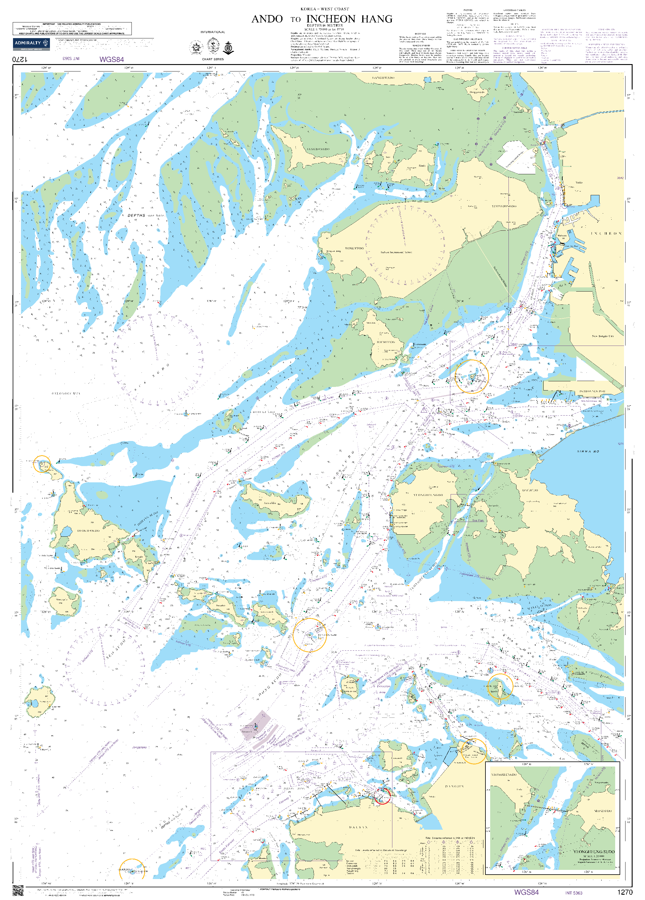 British Admiralty Nautical Chart 1270: Korea – West Coast, Ando to Inch'on Hang. Yonghung Sudo.
