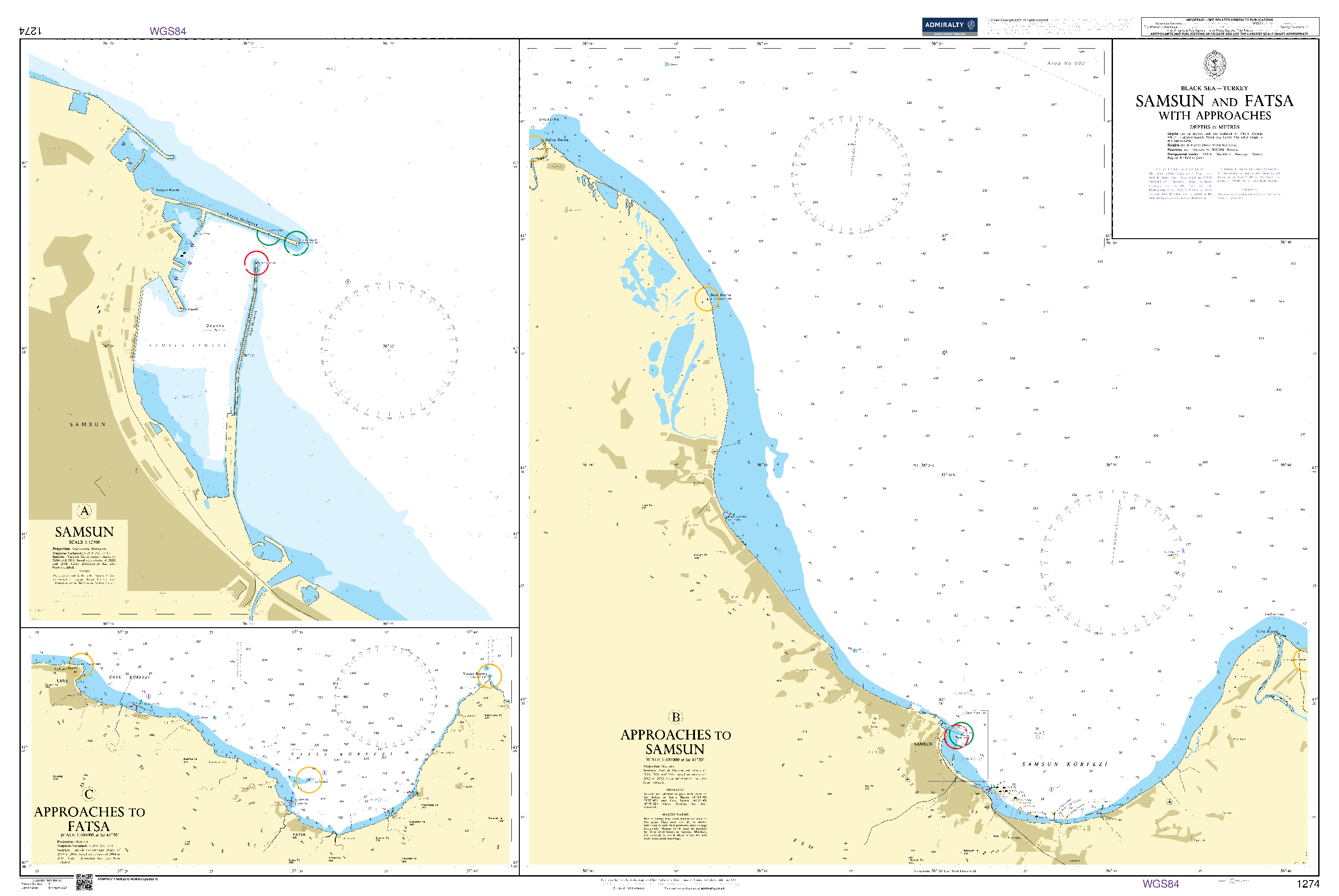 British Admiralty Nautical Chart  1274: Black Sea – Turkey, Samsun and Fatsa with Approaches