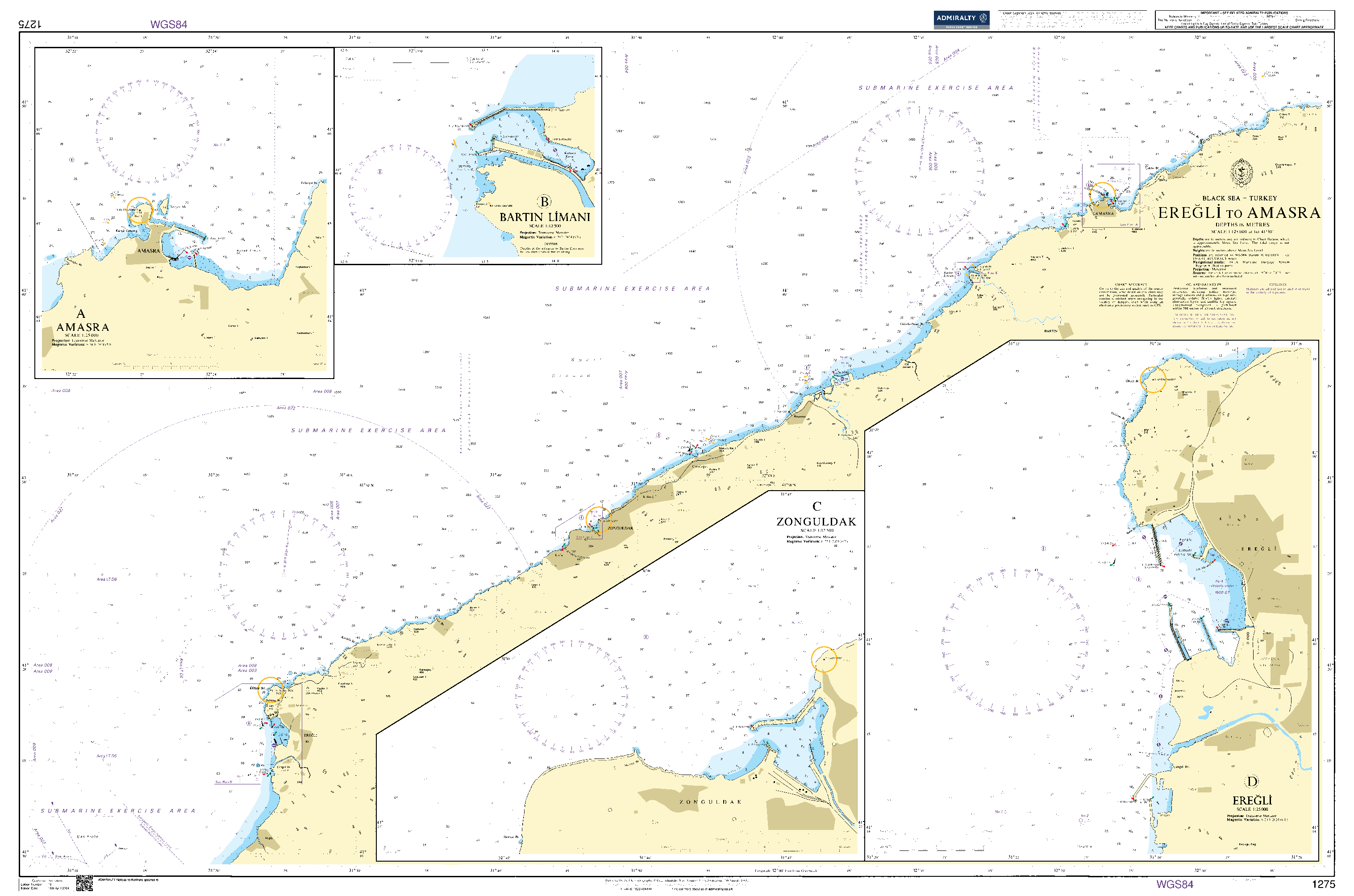 British Admiralty Nautical Chart 1275: Black Sea – Turkey, Eregli to Amasra