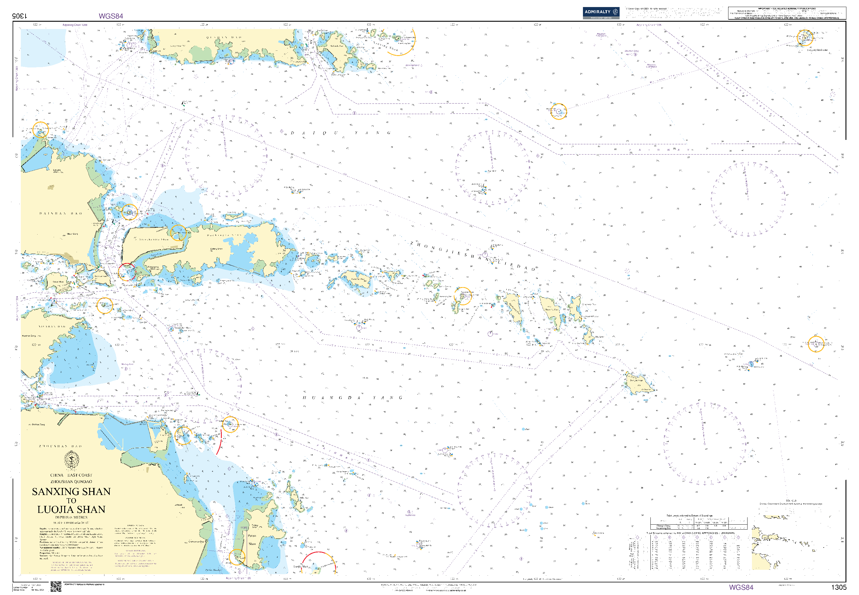 British Admiralty Nautical Chart 1305: China - East Coast - Zhoushan Qundao, Sanxing Shan to Luojia Shan