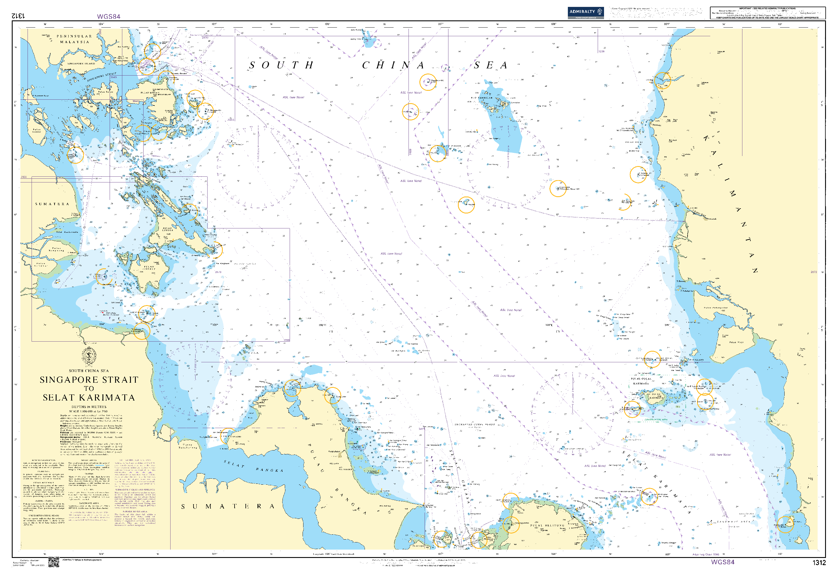 British Admiralty Nautical Chart 1312: South China Sea, Singapore Strait to Selat Karimata