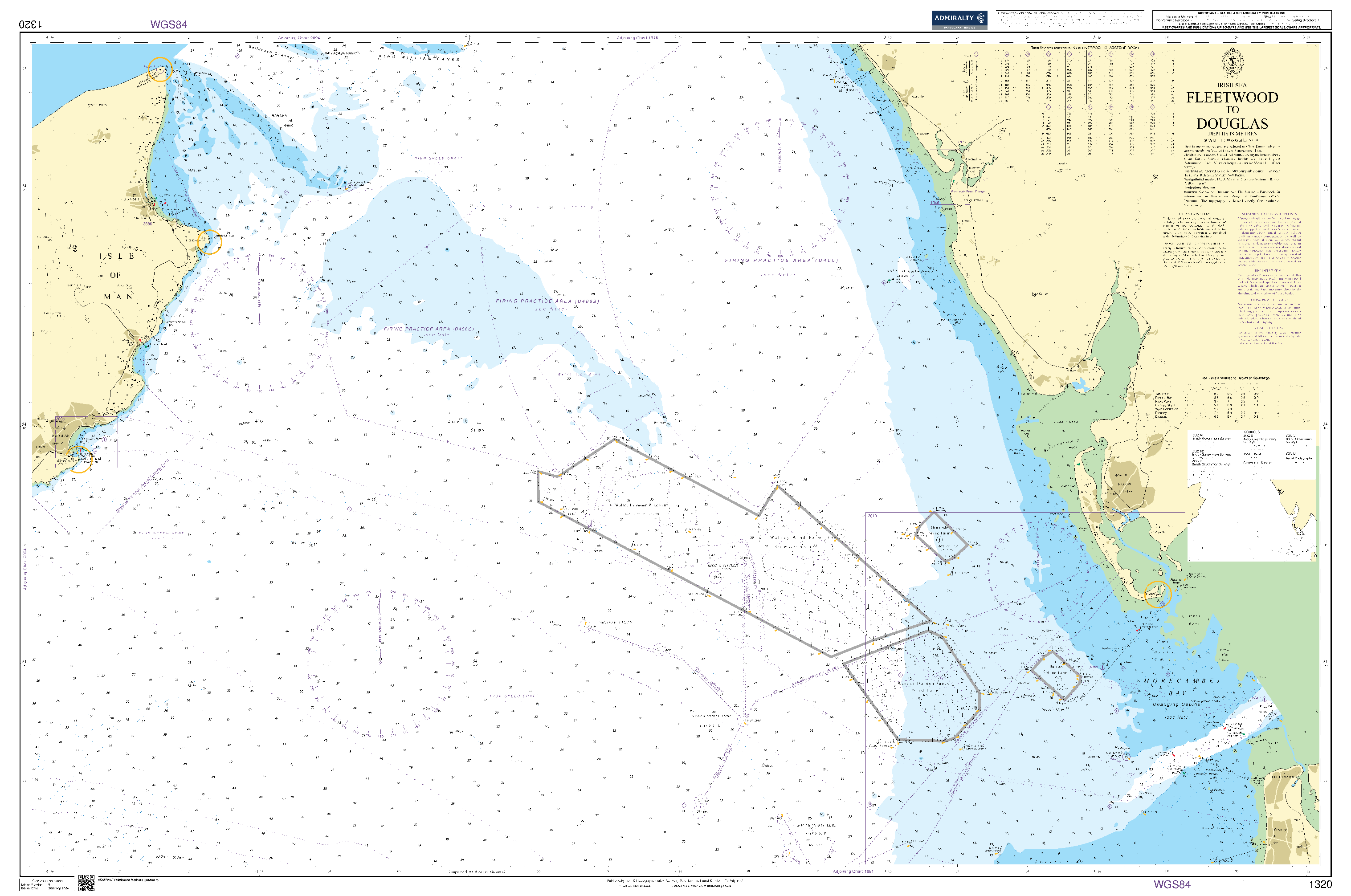 British Admiralty Nautical Chart 1320: Irish Sea, Fleetwood to Douglas