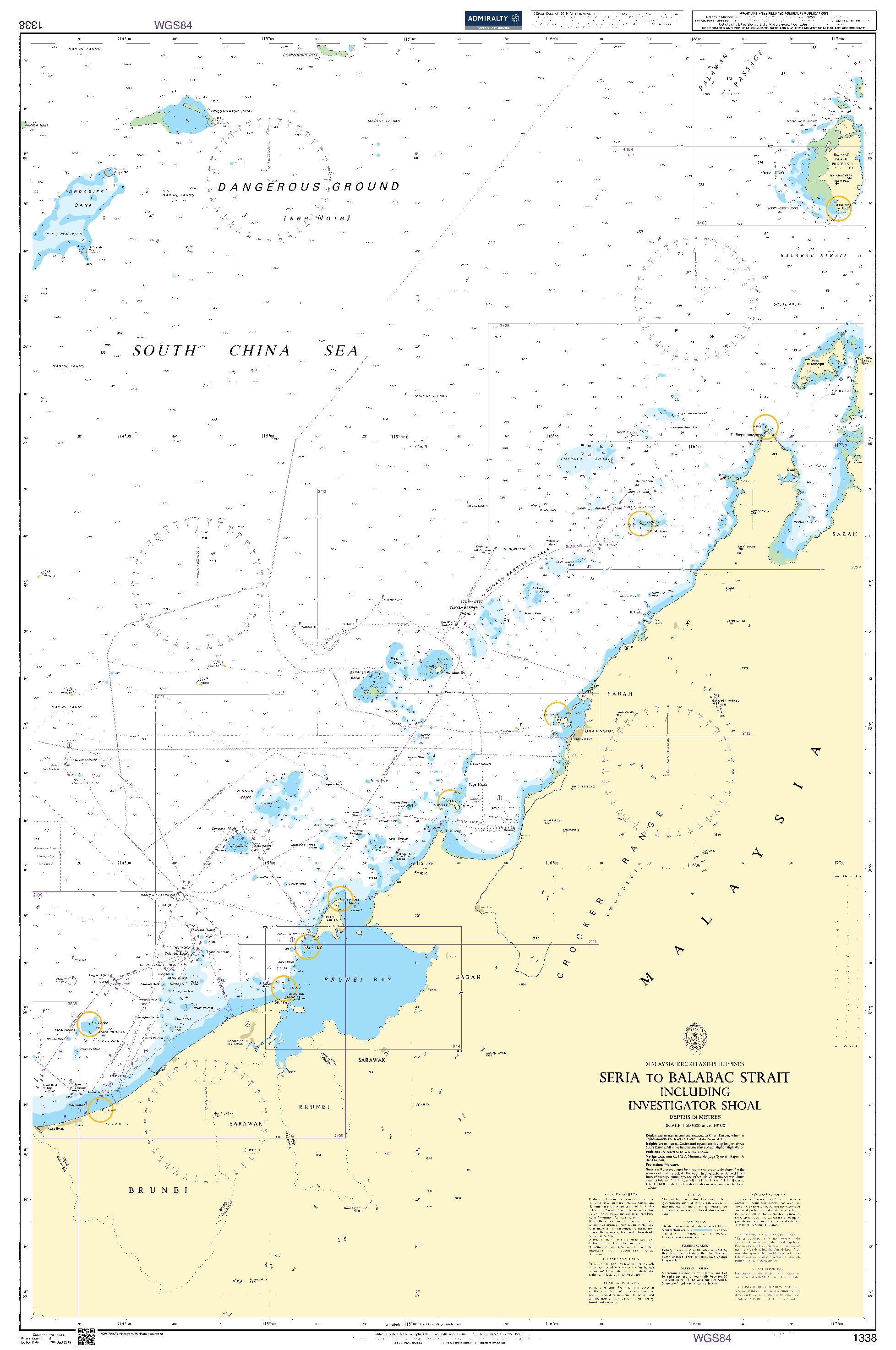 British Admiralty Nautical Chart 1338: Seria to Balabac Strait including Investigator Shoal