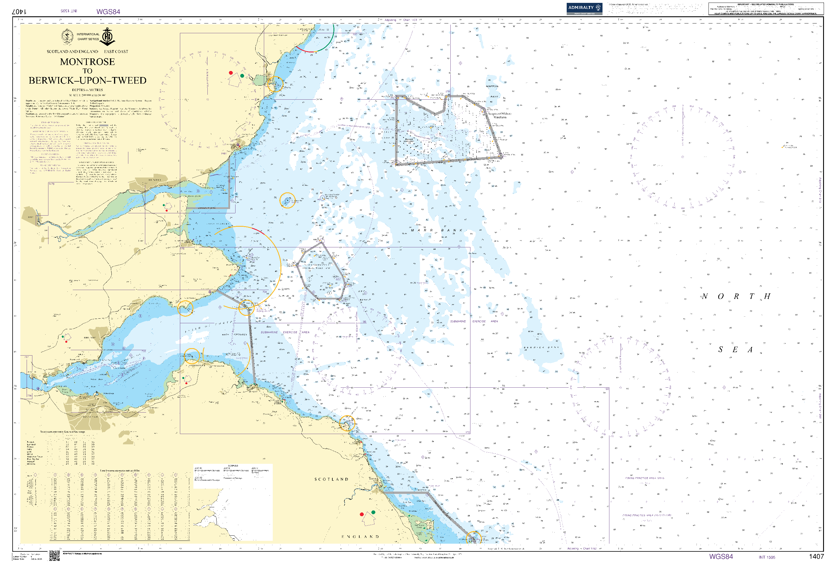 British Admiralty Nautical Chart 1407: Montrose to Berwick-upon-Tweed