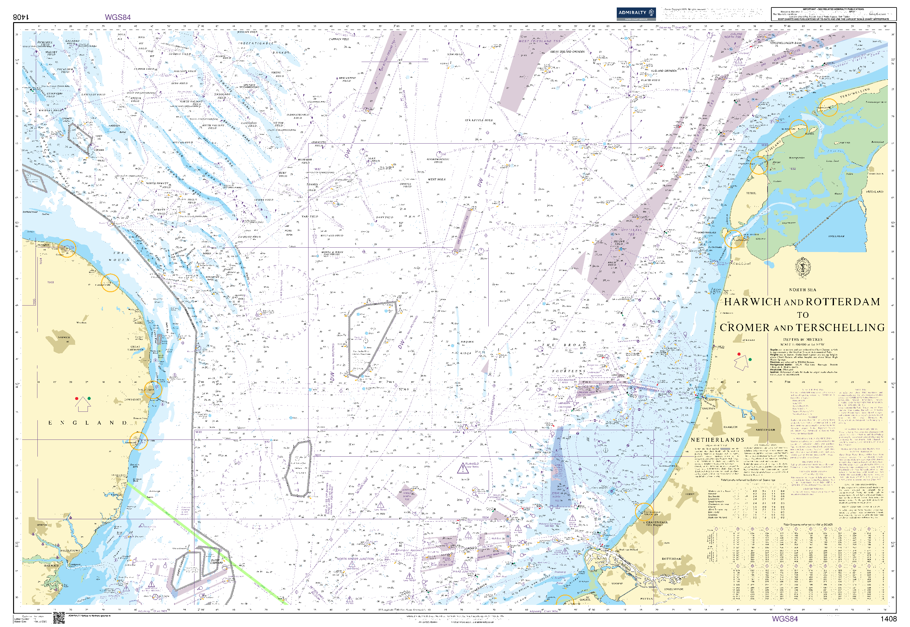 British Admiralty Nautical Chart 1408: Harwich and Rotterdam to Cromer and Terschelling